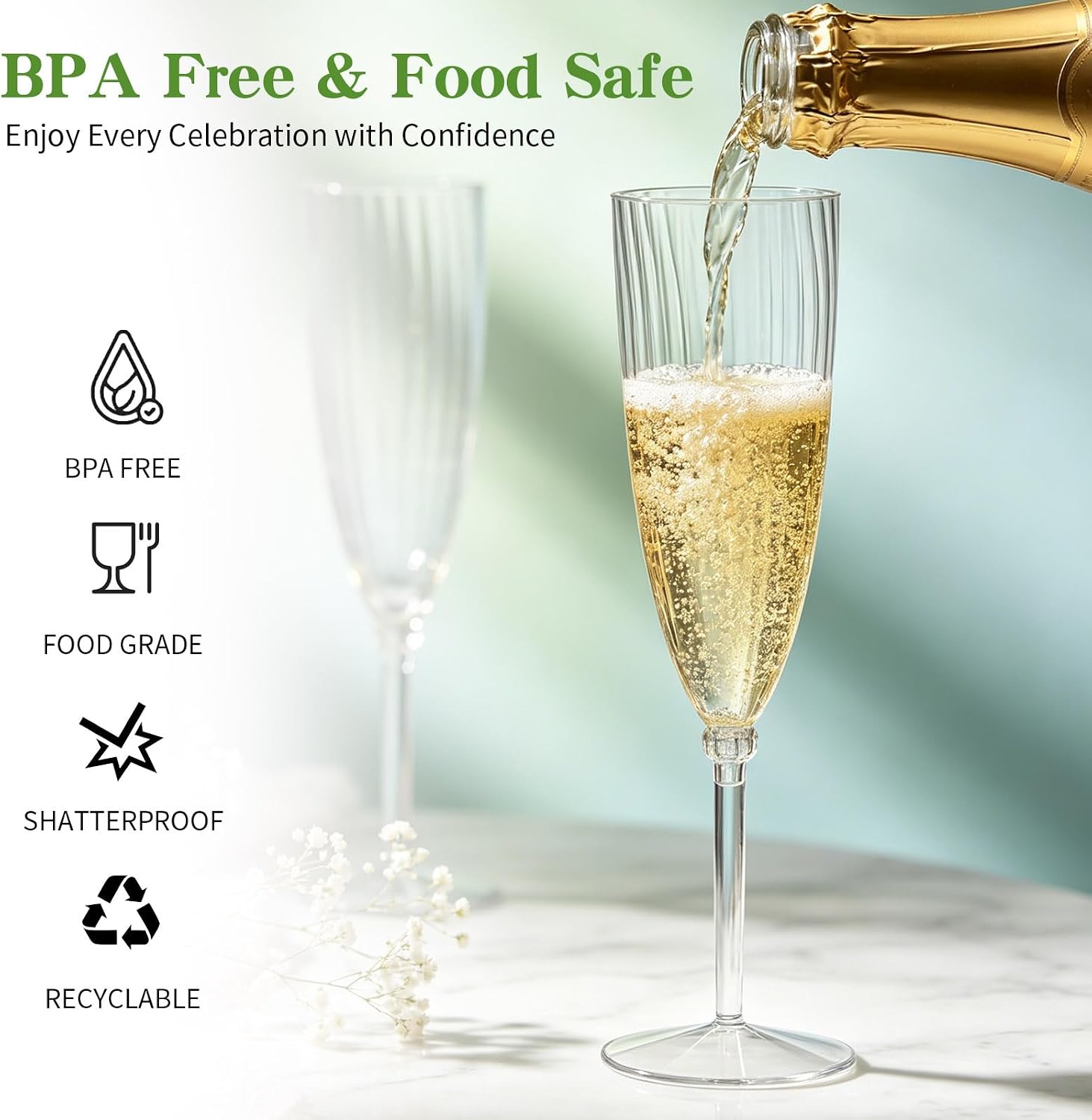 BELLAFORTE 12 PCS Plastic Champagne Flutes, 6 oz Clear Disposable Champagne Glasses, Elegant Party Disposable Champagne Flutes for Weddings, New Year’s Eve, Celebrations, Events & Home Use