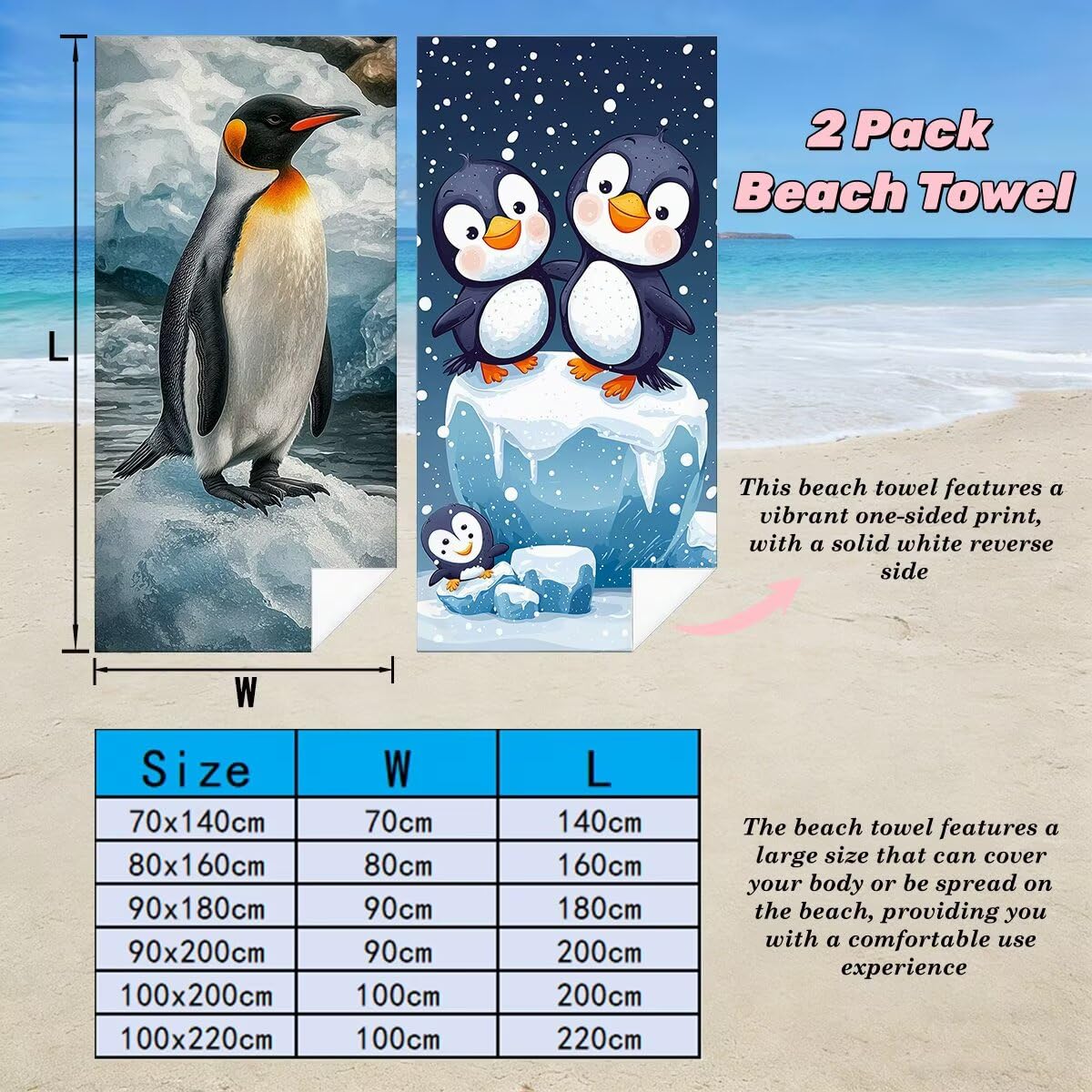Toalla Playa 80x160 cm, Toalla Gimnasio Microfibra Secado Rapido, Juego de 2 Antiarena Toallas de Playa, Ligera Compacta Toallas Microfibra Grande para Viaje, Regalo Hombre Mujer (Pingüino) -4045