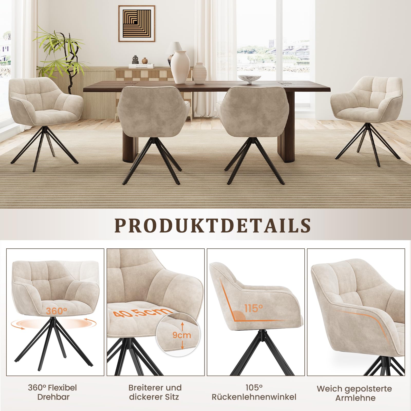 COLAMY Drehstühle für Esszimmer, 4er Set, Drehbare Polsterstühle mit Armlehnen und Rückenlehne, Bequeme Küchenstühle für Wohnzimmer & Essbereich, Beige