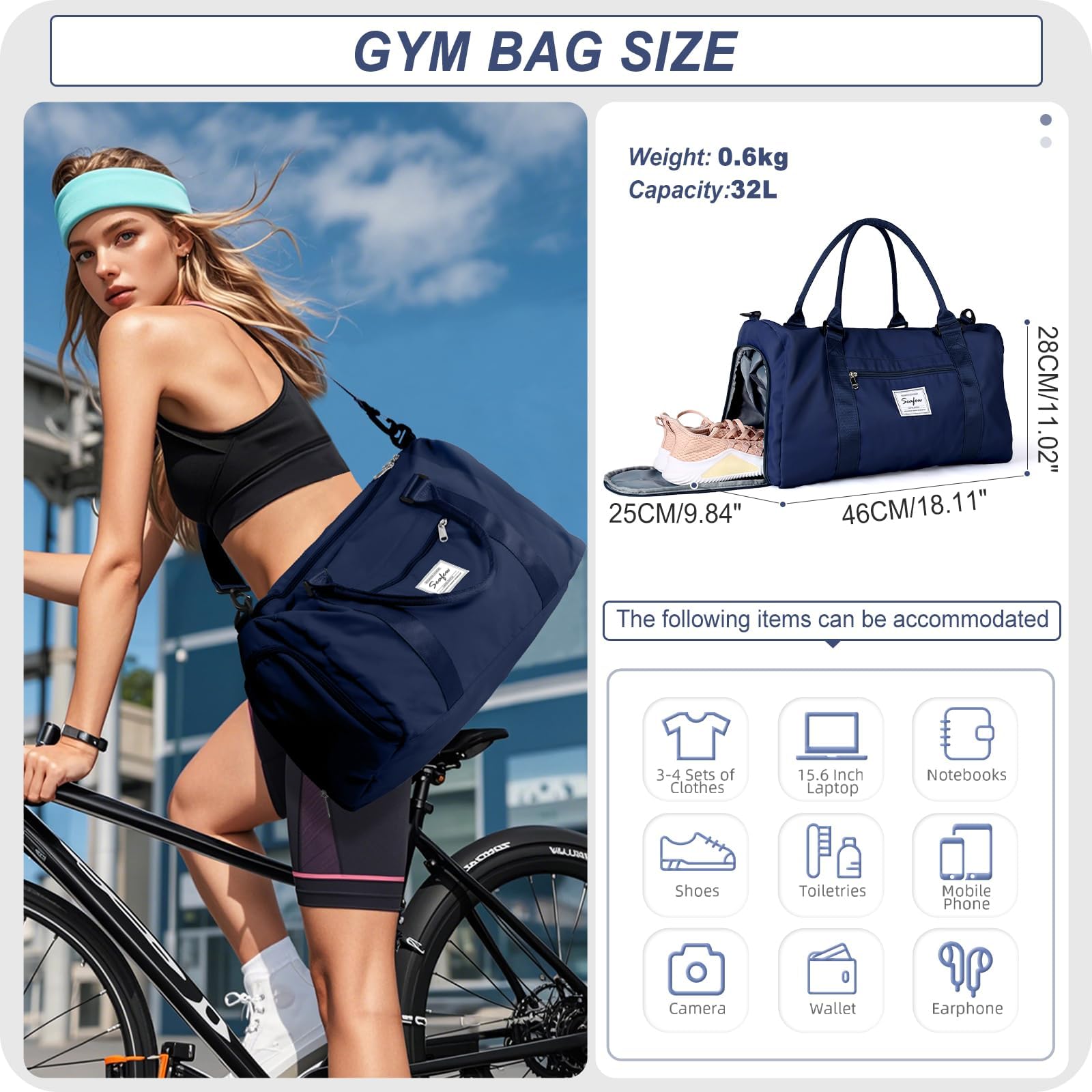 HYC00 Borsone Palestra Donna Uomo Borsa Sportiva con Scomparto Scarpe Borsone da Viaggio Sports Gym Bag Grande Borse da Palestra Piscina Donna Fitness Weekend Duffel Bag Borsa per Ospedale,Blu Reale
