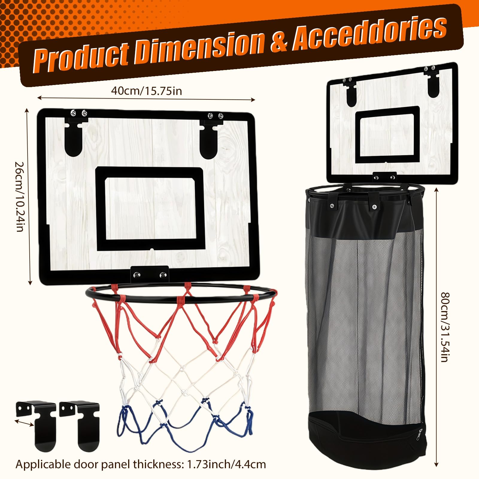 2-in-1 Basketballkorb Wäschekorb Hängender Mini Basketball Korb Tür Wäschesammler aus Holz mit Reißverschluss für Zimmer Badezimmer Wohnheim, Geschenk für Kinder und Erwachsene