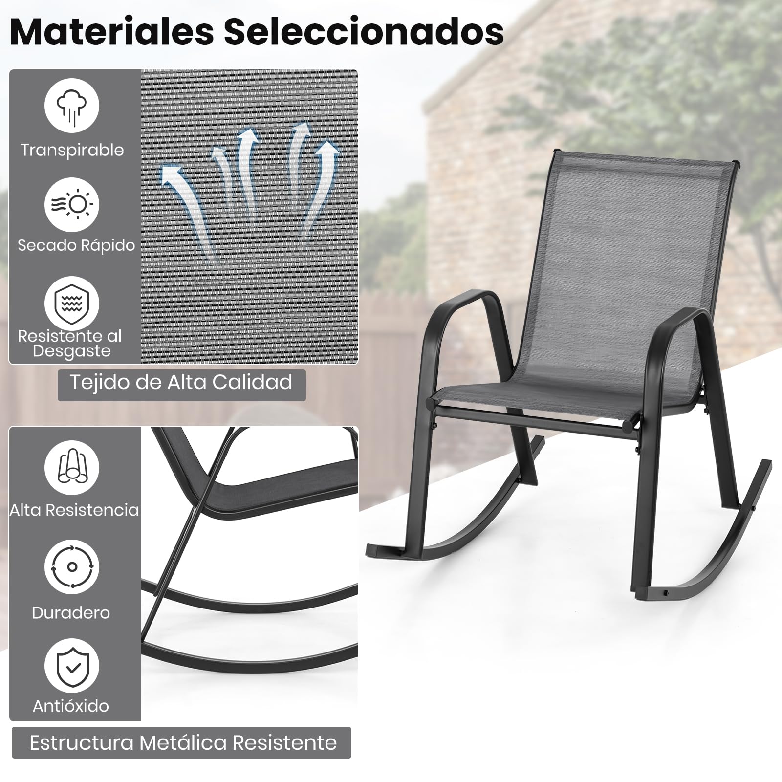 GIANTEX Juego de 2 Mecedoras para Patio, Ergonómicas para Exterior con Tela Transpirable, Sillón de Metal Resistente para Porche, Terraza, Jardín (Gris)