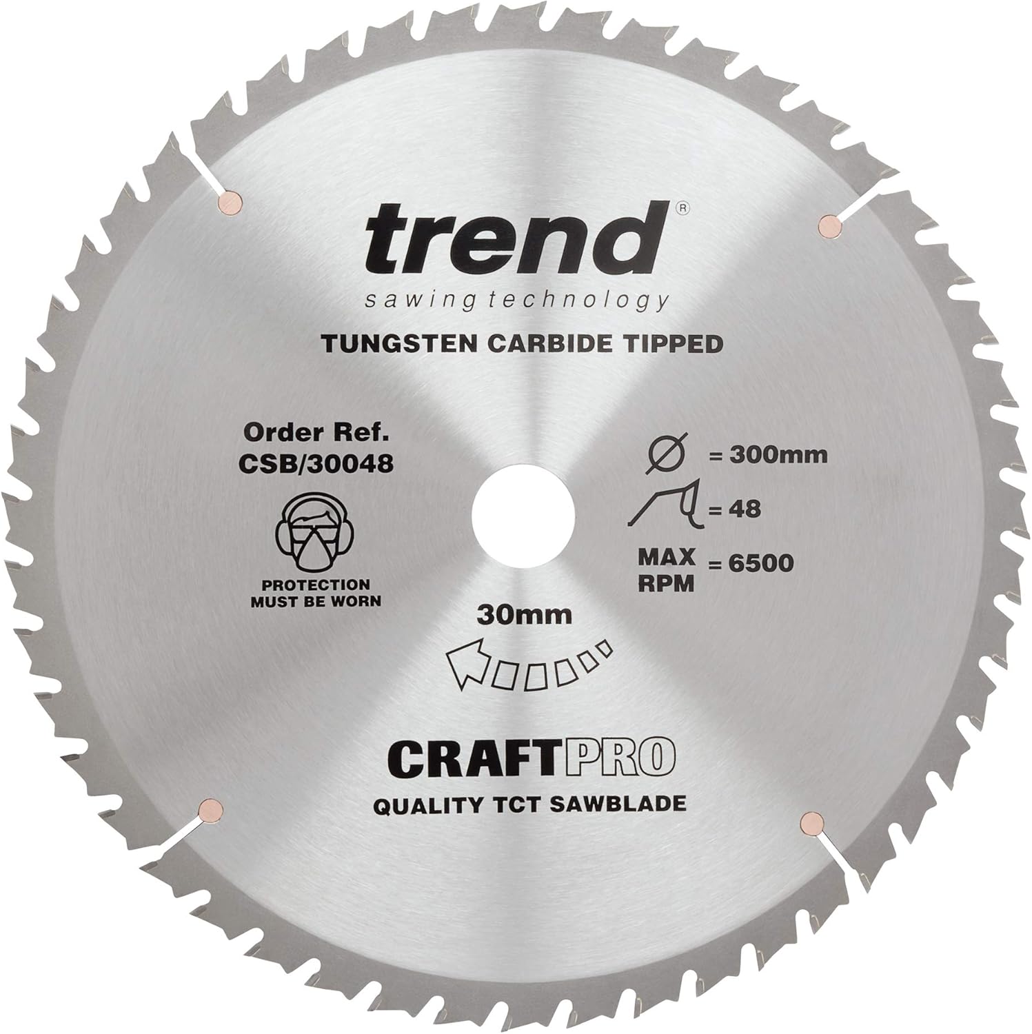 Trend Wood Circular Saw Blade, 300mm Diameter, 30mm Bore, 48 Teeth, 2.8mm Kerf, +15° Hook, TCT, Medium Finish, CSB/30048