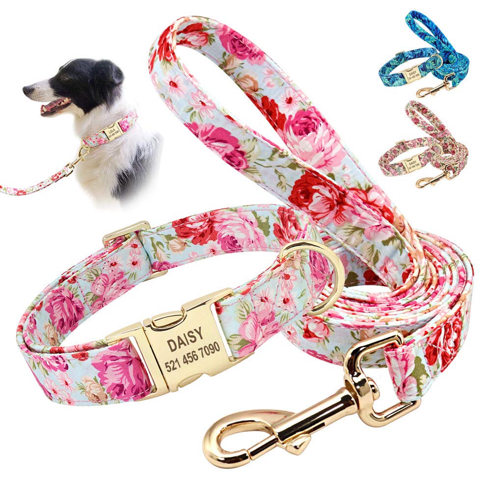 Conjunto de correa de cuello de perro impresa personalizada Correa de collar de mascota de nailon personalizada Placa de identificación grabada para perros pequeños medianos grandes-Pink_Set_