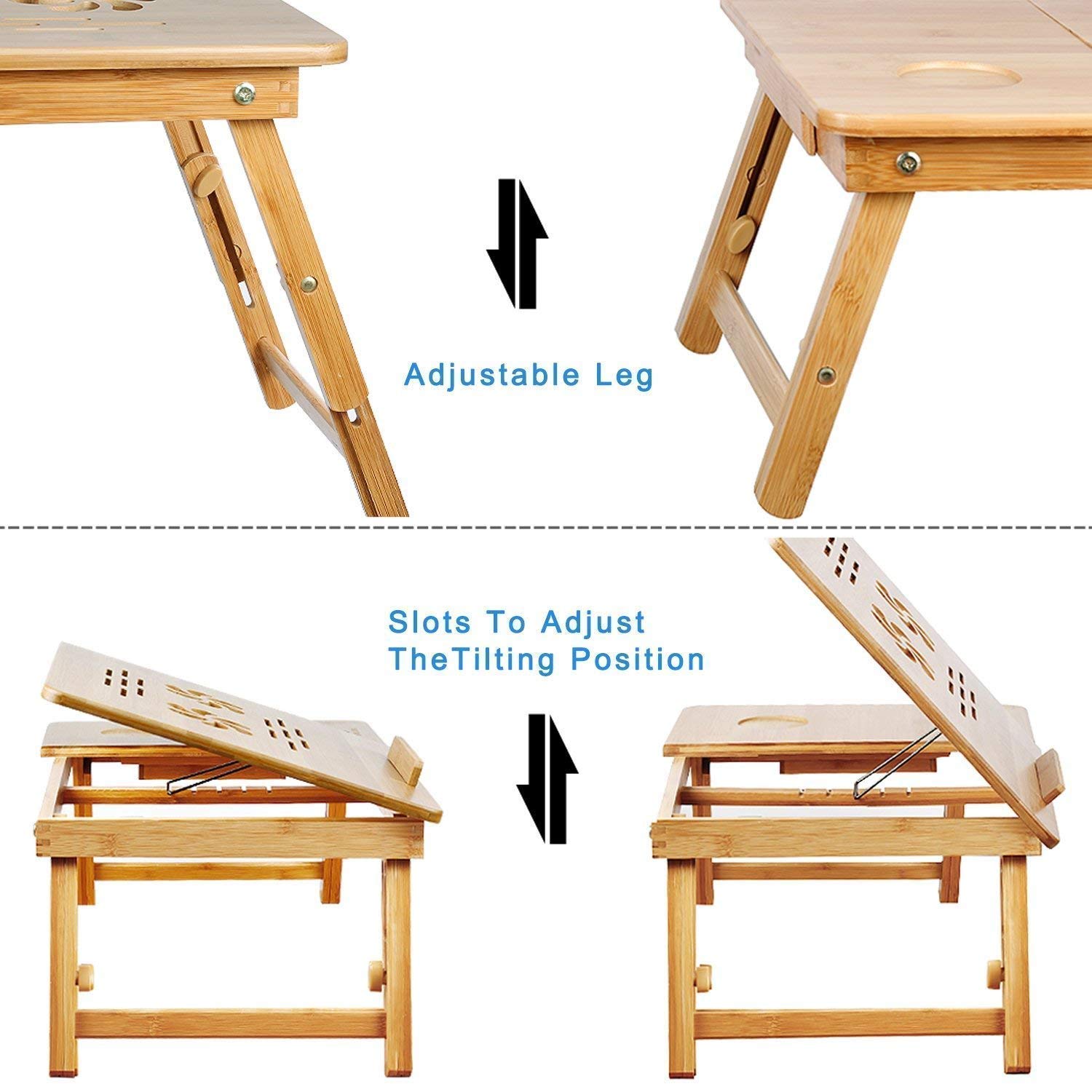 Snazzy Bamboo Laptop Desk, Adjustable Portable Breakfast Serving Bed Tray with Tilting Top Drawer for Surfing Reading Writing Eating (Bamboo) Wood, Beige, 30 x 50 x 22 cm 1