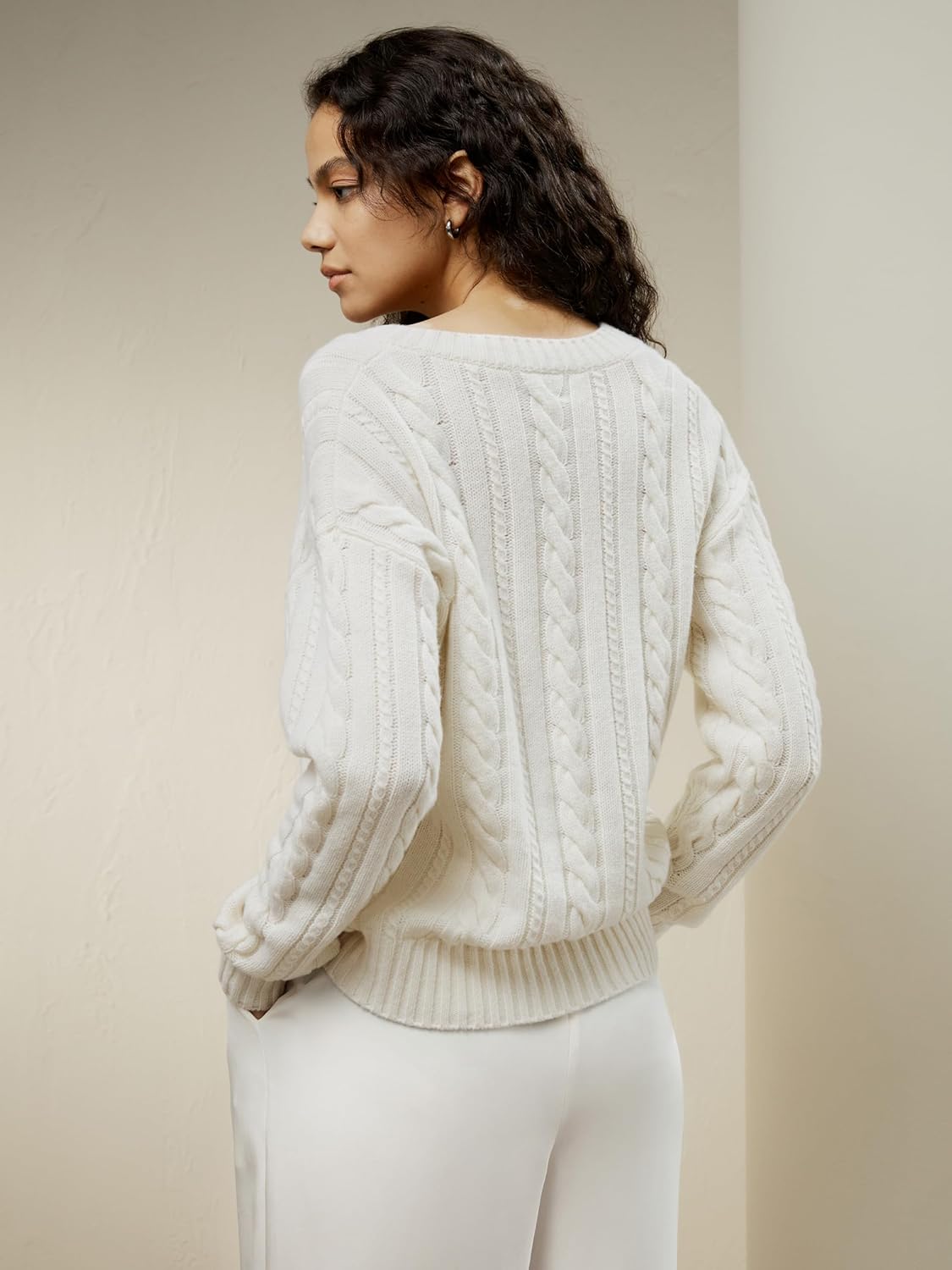 LilySilk Womens Oversized Sweater Drop-Shoulder Premium Wool Cashmere V-Neck Cropped Pullover Cable Knit Fall Winter