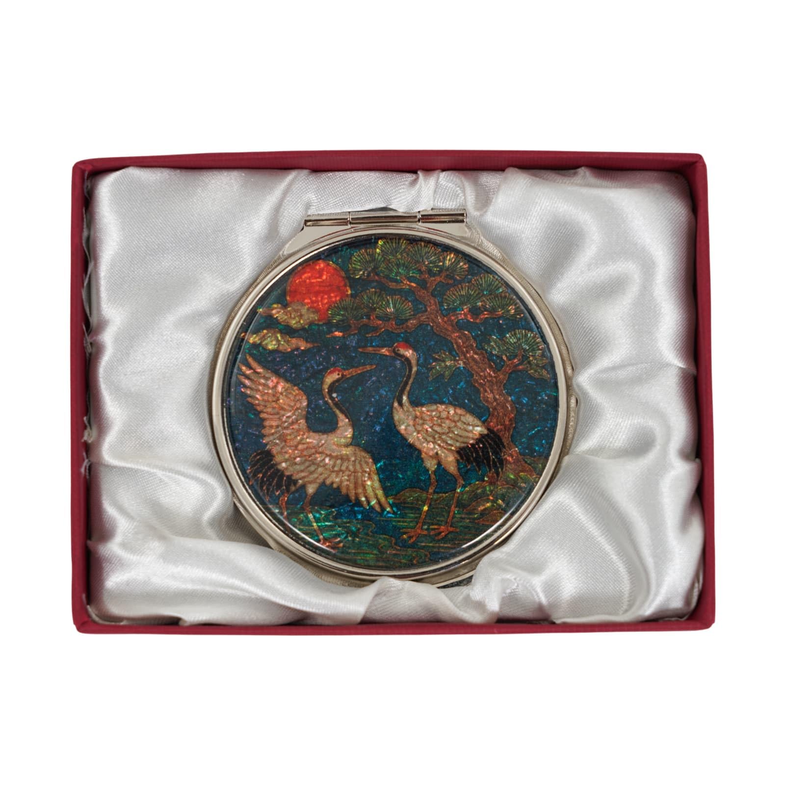 February Mountain Mother of Pearl Compact Mirror – Dual Magnification Gift for Women, Mom, Sister – Birthday or Christmas Idea (1, Crane &amp; Red Sun)