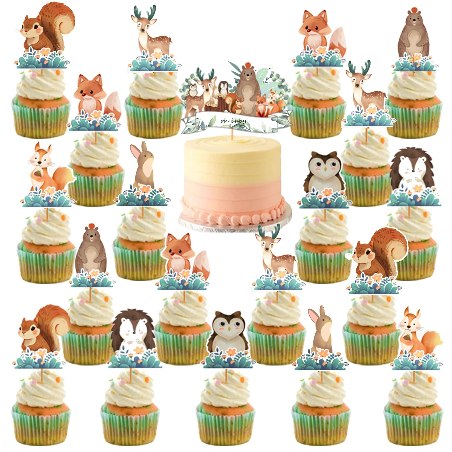 33Pcs Woodland Cupcake Topper Animal Cupcake Toppers for Woodland Baby Shower Decorations, Forest Fox Birthday Theme Table Decor Woodland Creatures Neutral Baby Shower Party Supplies