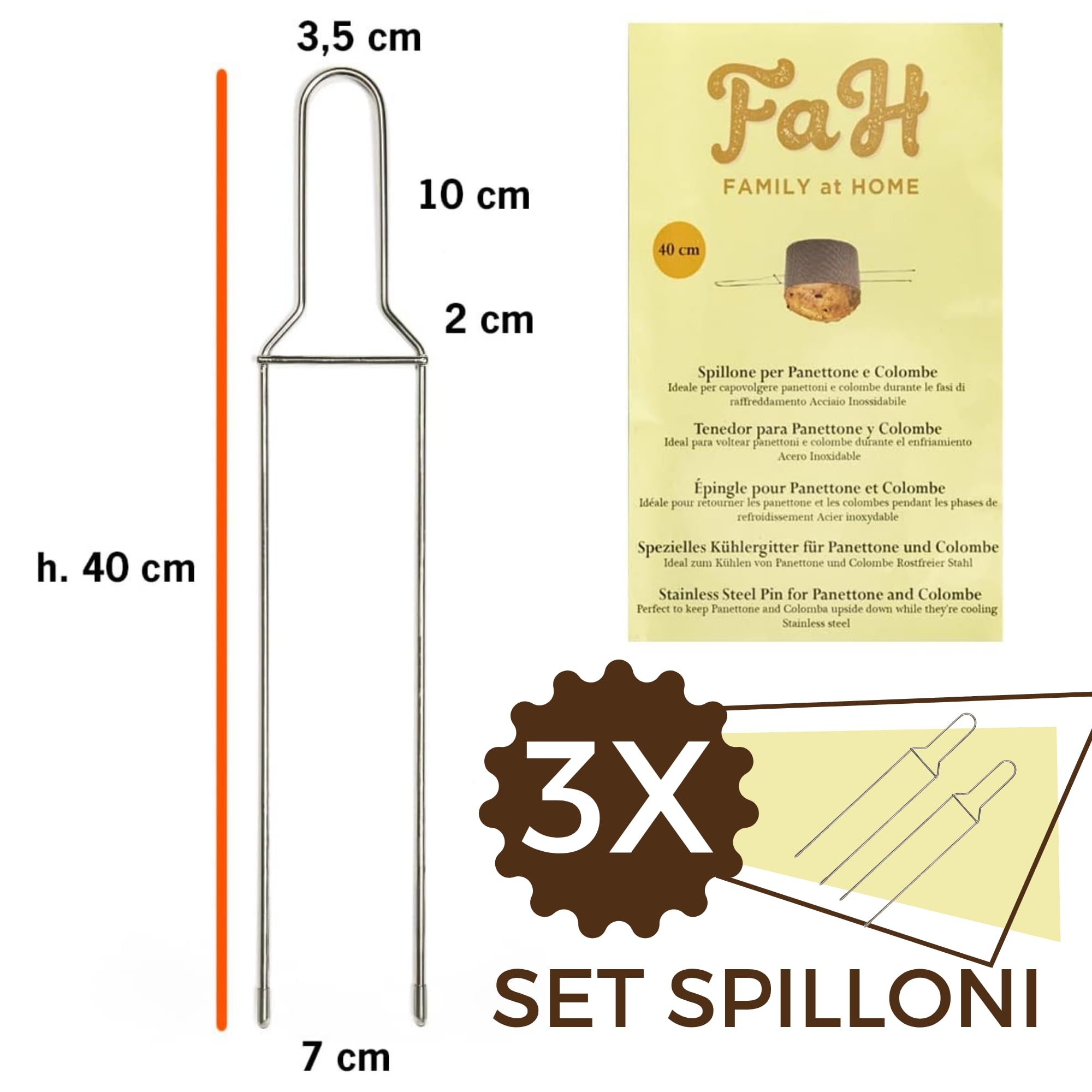 FAH - Spillone per Colomba, Set 3 Spilloni per Colomba e Altri Lievitati Fino a 1 kg (Lunghezza 40 cm), Robusto in Acciaio Inox, Facile da Usare, Forchetta per Panettone e Colomba