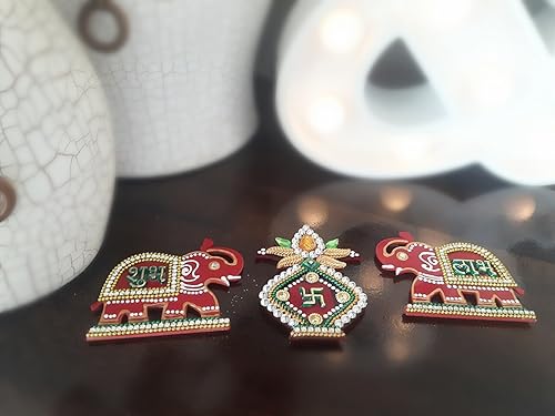 Itiha Elefante con Kalash Shubh Labh Colgante Acrílico Showpiece – Diwali/Regalo festivo, regalo de retorno Haldi Kumkum, Puja Thali, juego de