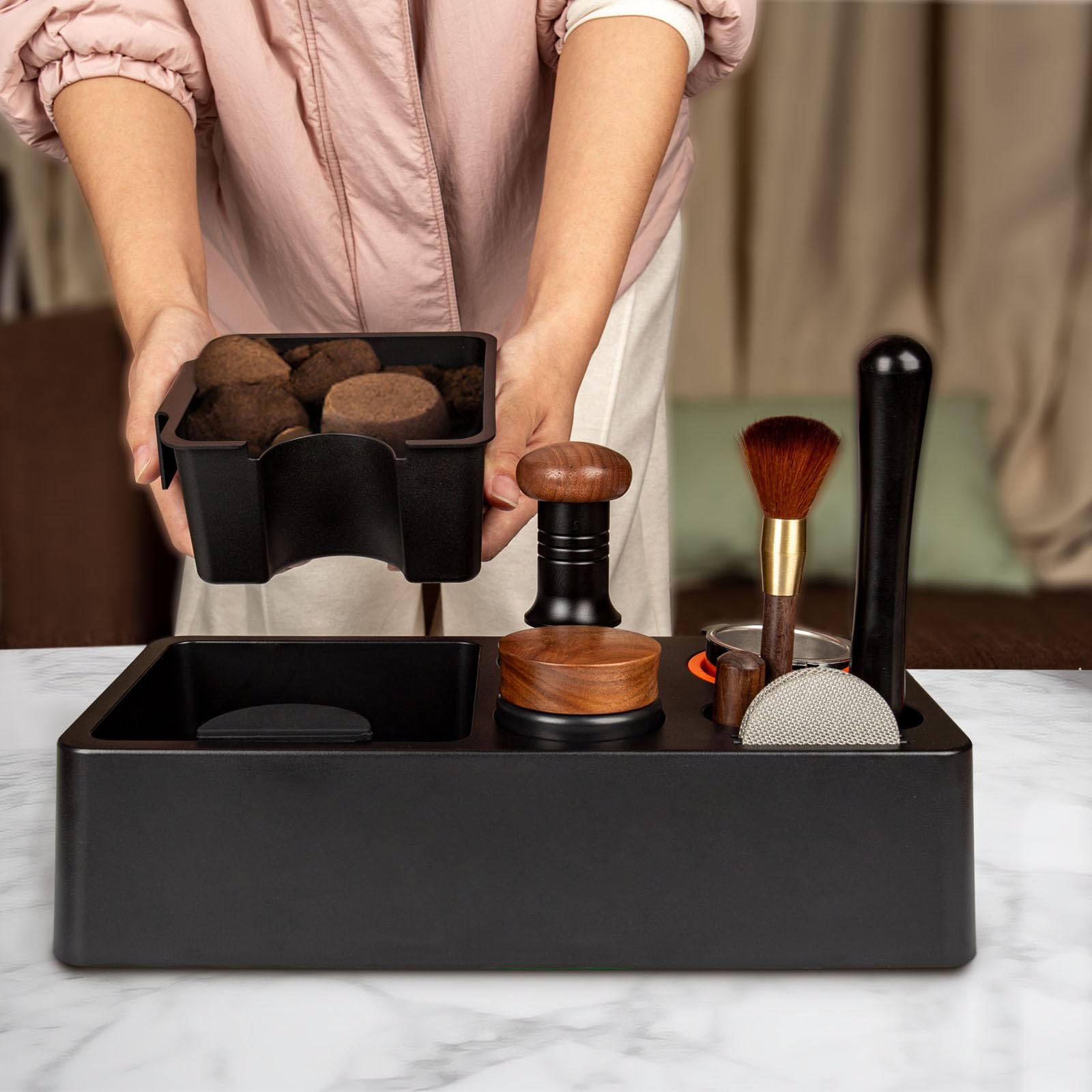 Stazione Tamper, Tamper Station in ABS per Portafiltro da 51–58 mm, per Macchina da caffè Espresso Barista,Stazione Tamper a Cassetto, Coffee Tamping Station,Barista Station