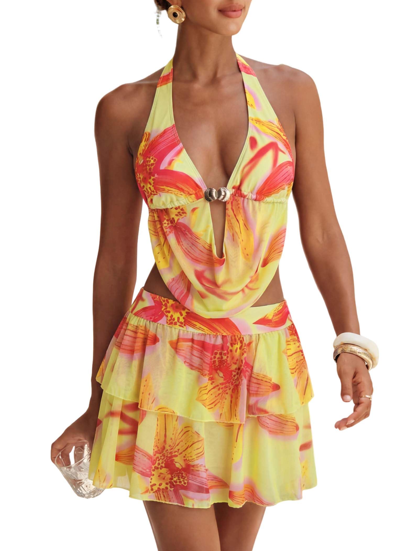 3 Piece Bikini Sets for Women Halter Cowl Neck Metal Ring Triangle Side Tie Bathing Suits with Cover Up Skirts-image-47