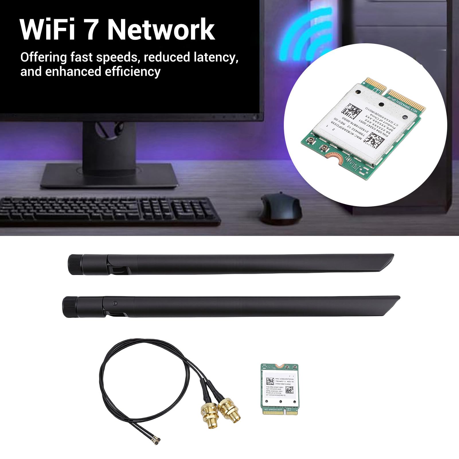 Carte Réseau WiFi 7 M.2, Module Adaptateur Réseau Fil, Carte WiFi M.2 5,8 Gbit/s 5 GHz 6 GHz Triple Bande avec Prise en Charge 4K QAM MLO Antennes pour Ordinateu