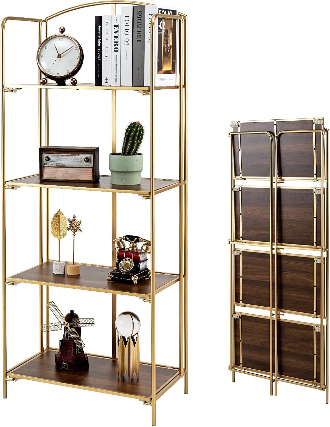 Crofy No Assembly Folding Bookshelf, 4 Tier Gold Metal Book Shelf for Storage, Bookcase Office Organization and 12.6 D x 22.44 W 55.51 H Inches Gold 4 Tier