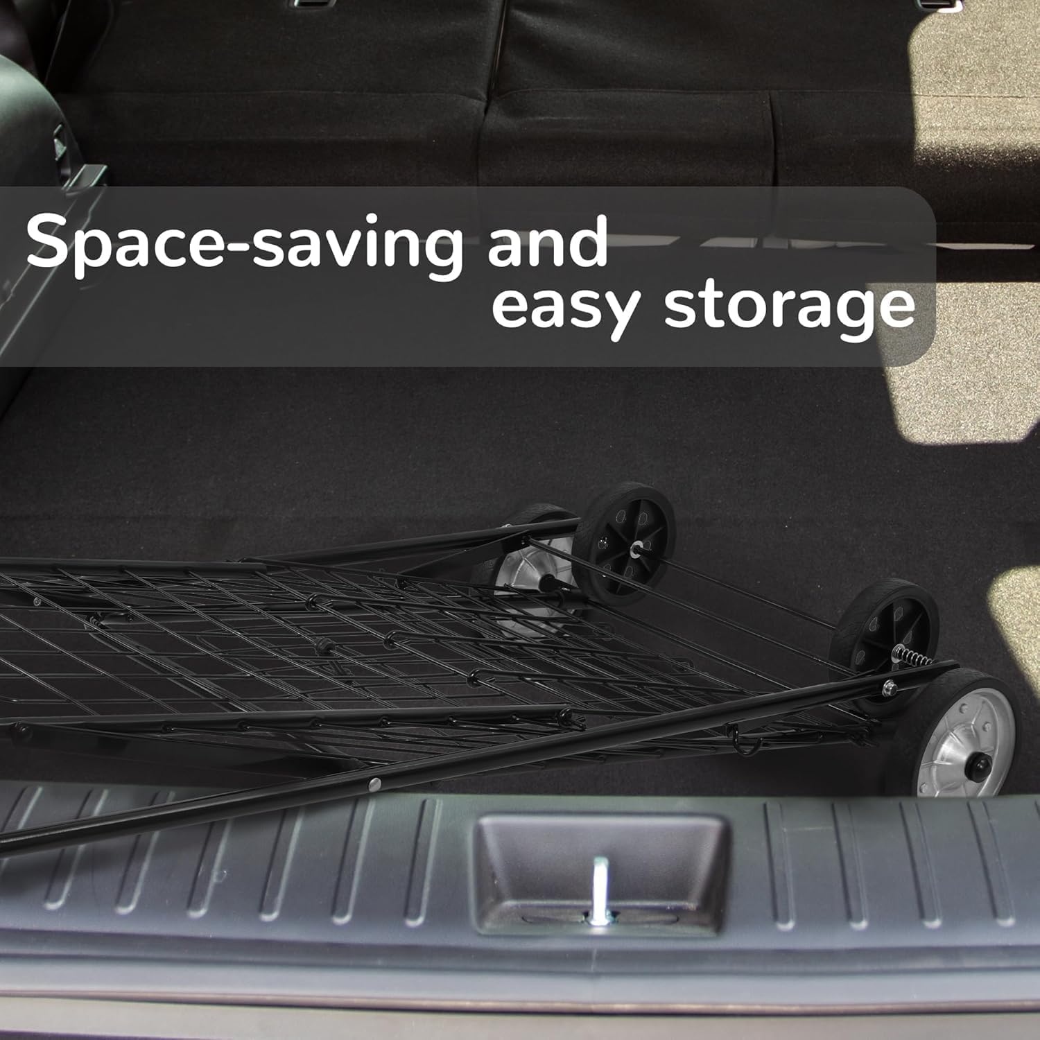 Elevon Foldable Shopping Cart stored compactly in a car trunk