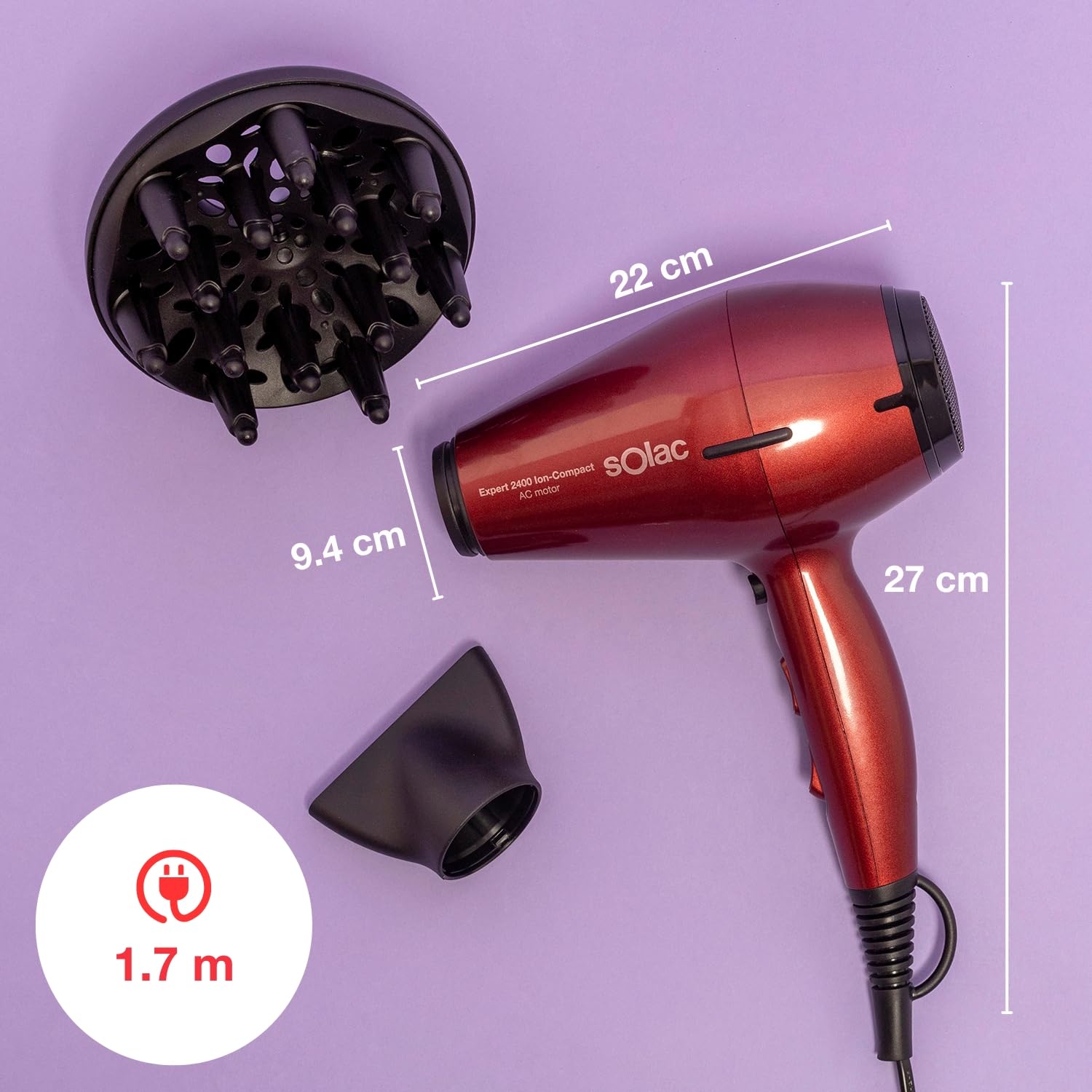 Solac - Sèche-cheveux professionnel 2400W Ion-Compact | 6 réglages température/vitesse | Technologie ionique | Air froid | Compact | Concentrateur + Diffuseur | Rouge