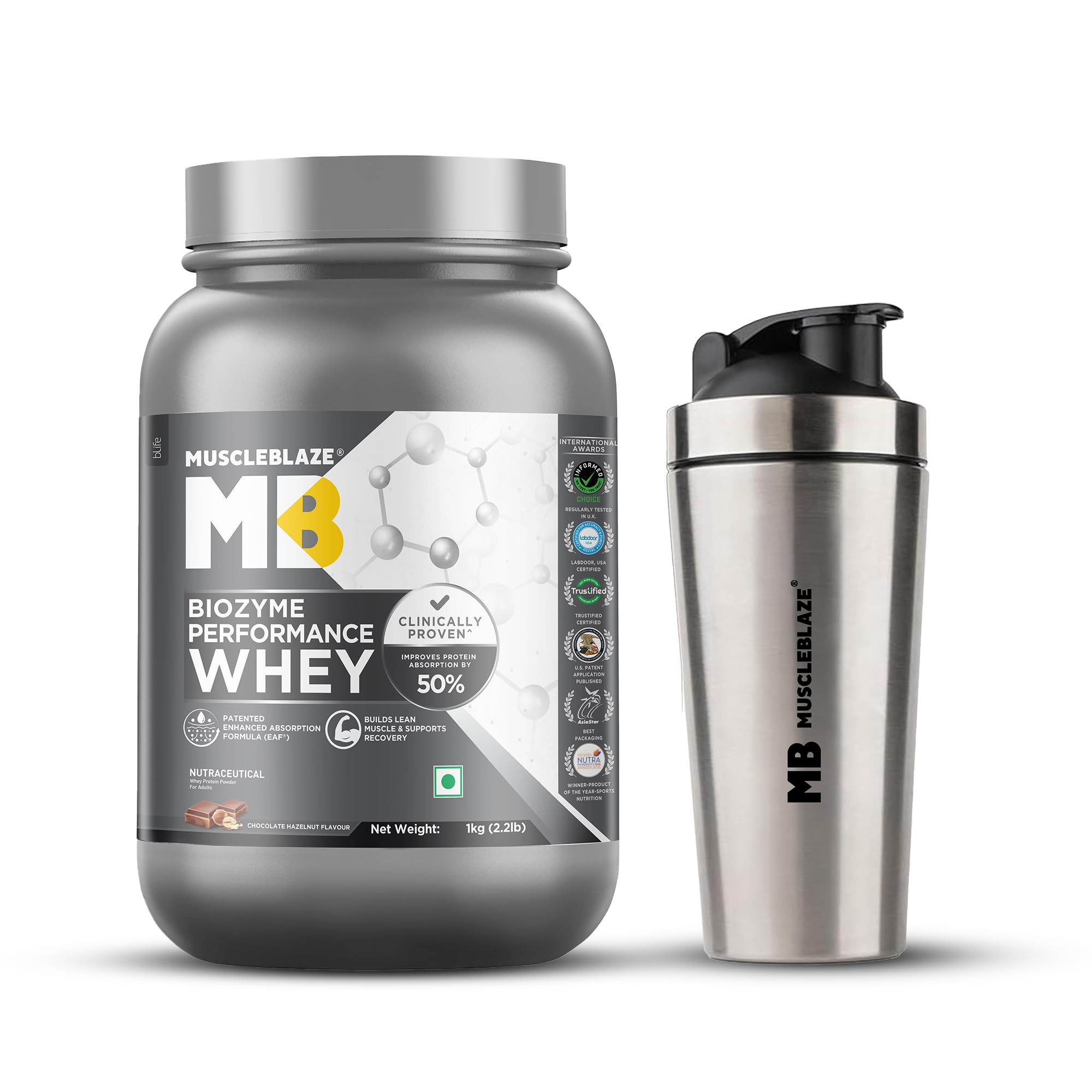 MuscleBlaze Biozyme Performance Whey Protein Powder, Chocolate Hazelnut (1 kg) + Stainless Steel Gym Shaker (700ml)-image-35