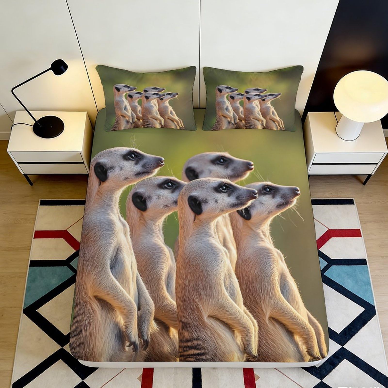 3D Printed Meerkat Group Fitted Sheet Microfiber Soft Green Wildlife Mattress Cover for Bedroom Dorm Easy Care 90x200x25cm
