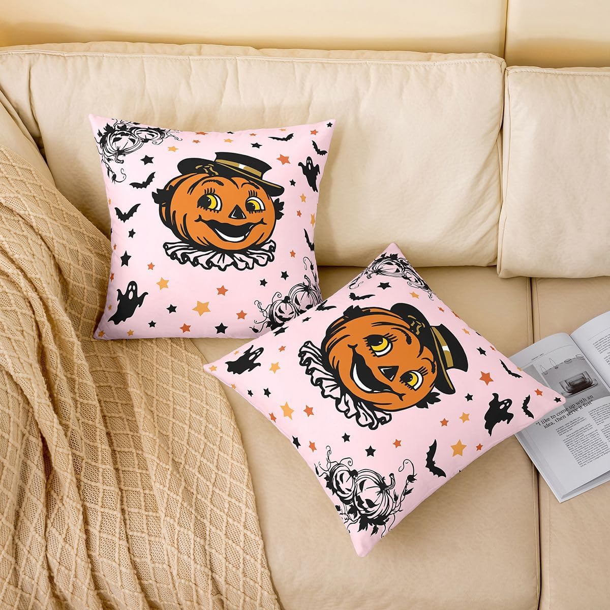 Castle Fairy Pumpkin Lantern Throw Pillow Cover,Ghost Star Bats Cushion Cover 24"x24" for Women Teens Boys,Halloween Theme Pillowcase for Car RV Livingroom,Black Pink Pillow Cover,Single Pack image 2