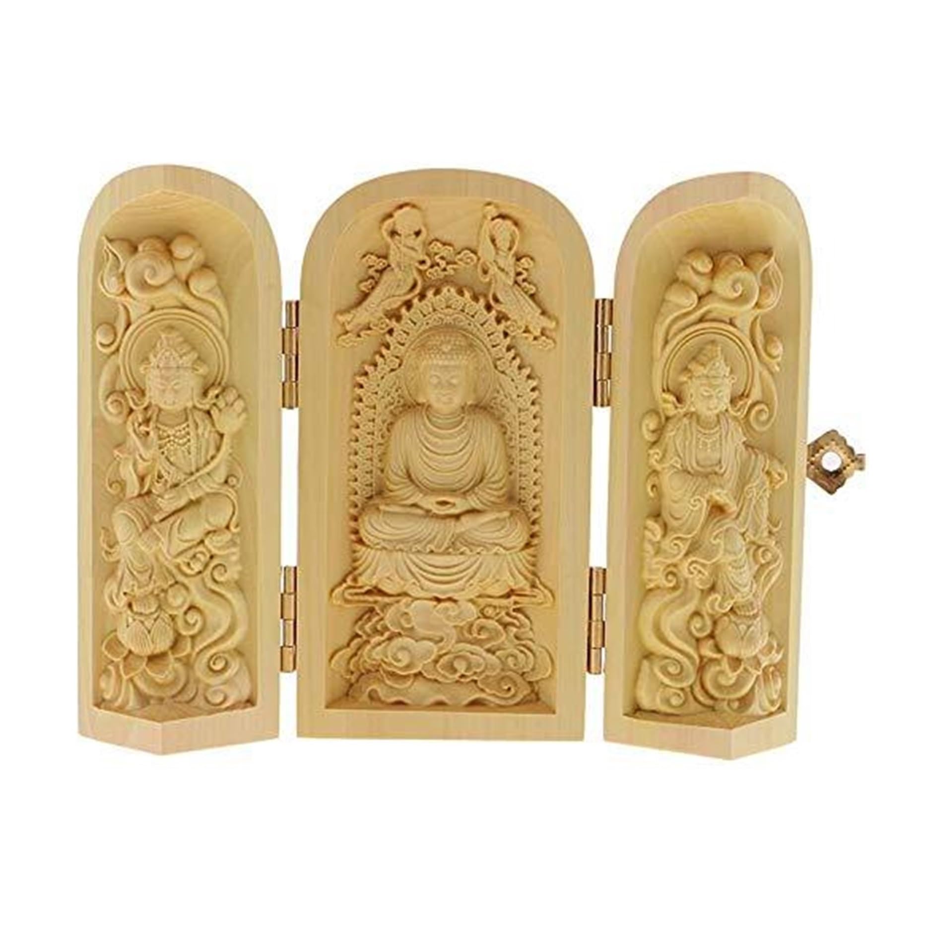 Decoración para el hogar Estatua de Buda, Budismo, Madera boj, Caja 3 Dioses for Adorno jardín Exterior Regalos para recién Casados