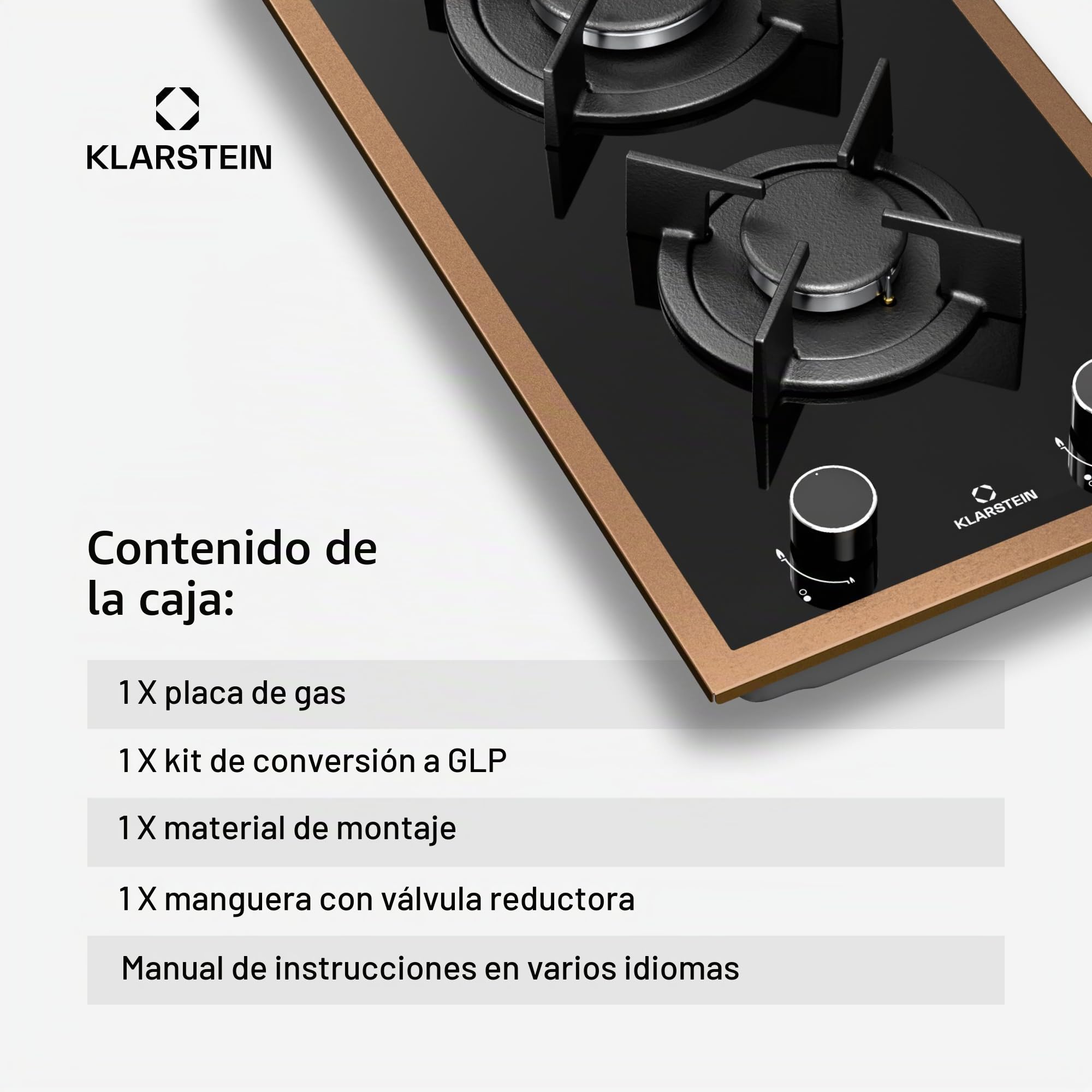 Klarstein Lumiflame Placa de Gas, 2 Quemadores, 4,2kW, Superficie de Cristal Templado, Encendido Eléctrico, Seguridad FFD, Marco de Cobre, Soportes de Hierro Fundido, Compatible con GLP/Gas Natural