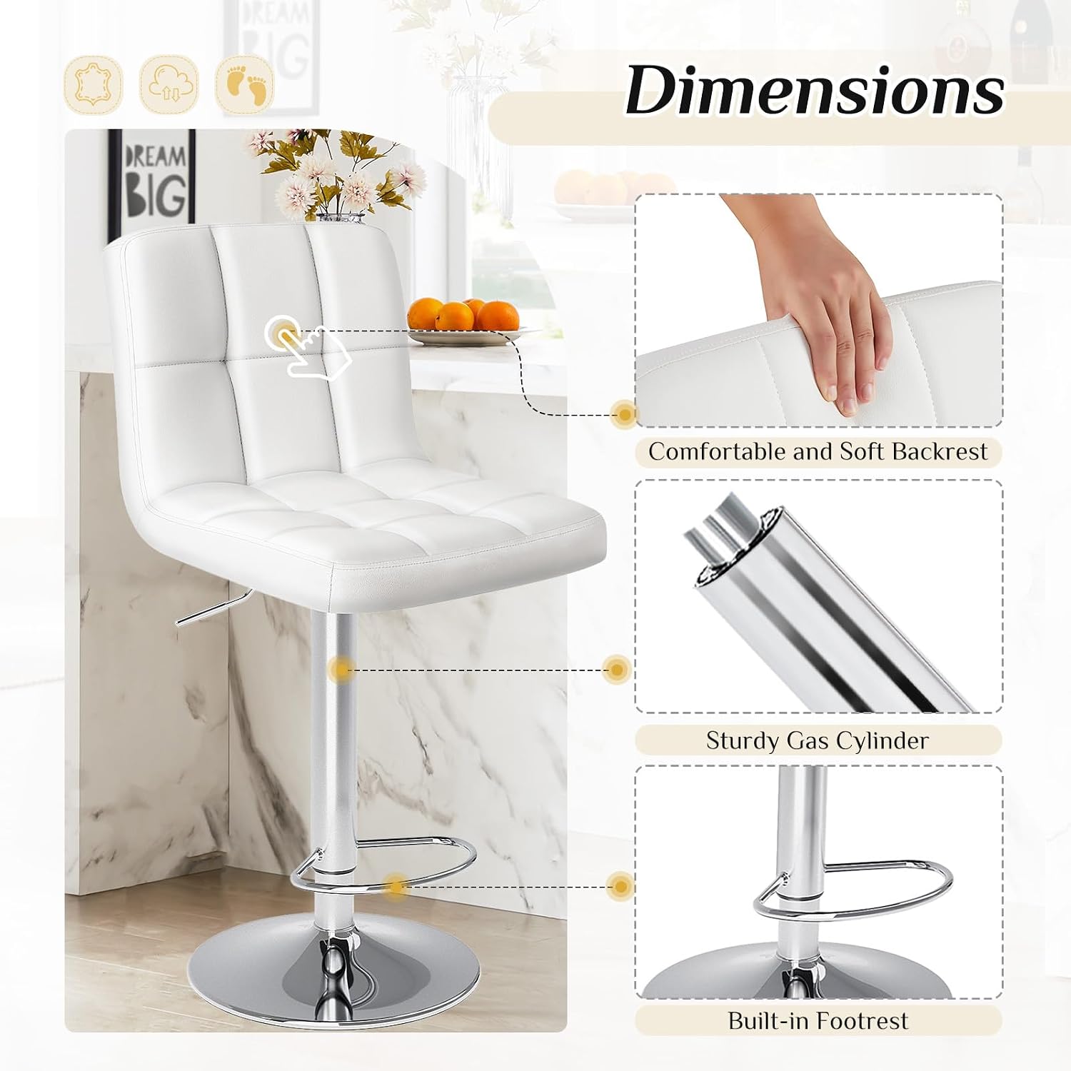 dumos bar stools set of 4, 24 inch counter height bar chairs, upholstered modern kitchen barstools with metal base, pu leather saddle stools for kitchen island, snowy white snowy white 4pcs set