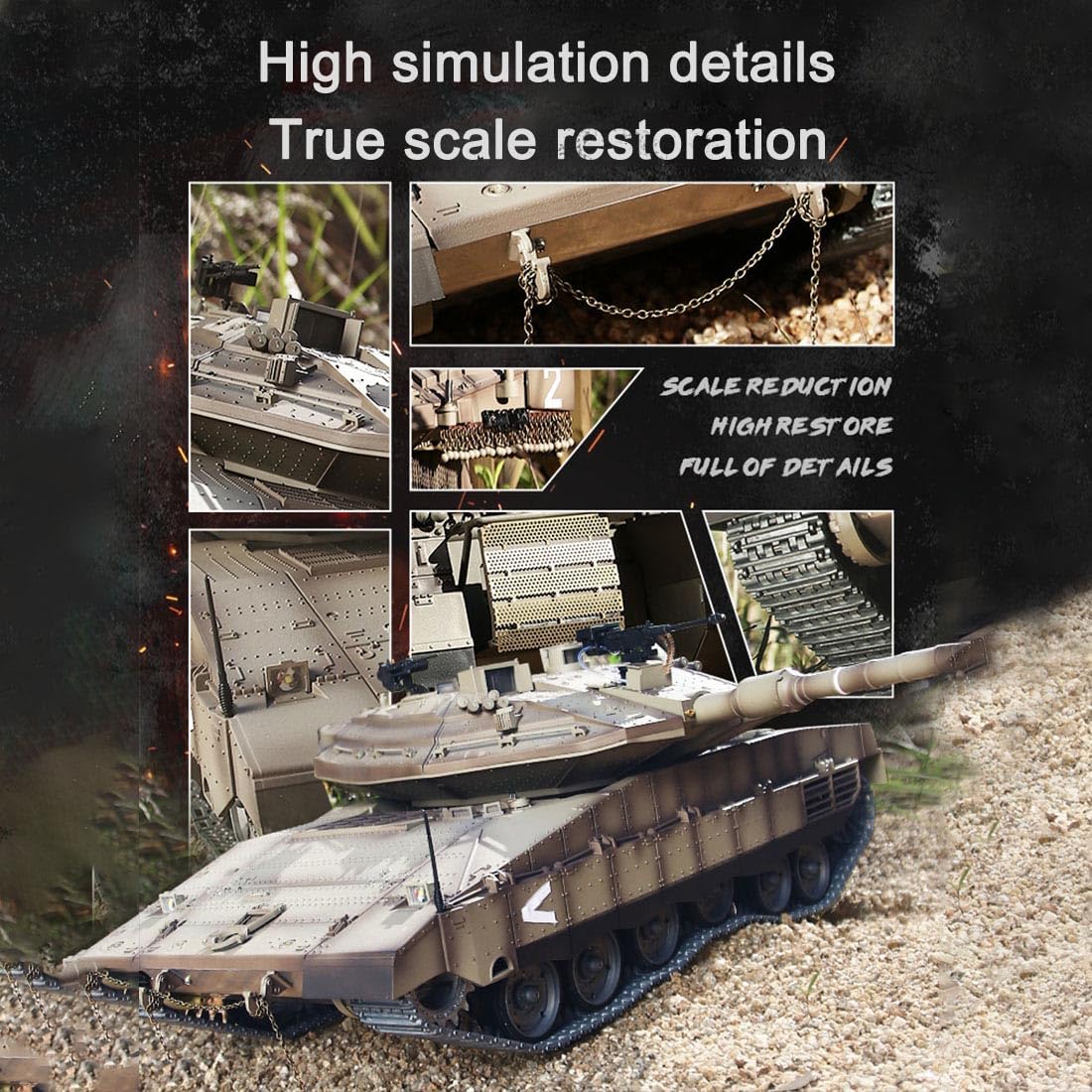 Czołgi RC dla dorosłych, 1/16 Israel Merkava-IV 2,4G RC czołg bojowy na podczerwień model pojazdu wojskowego z dźwiękiem i efektami dymu, zestawy modeli zdalnego sterowania 2,4 G (RTR)