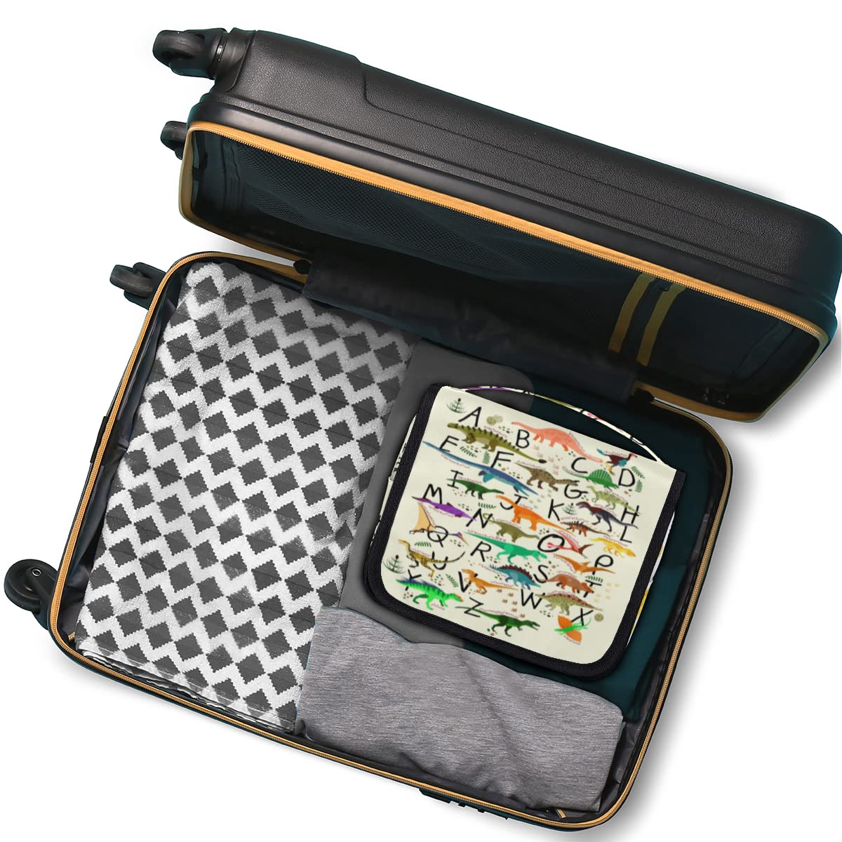 Dinozaury Podróżna kosmetyczka Alfabety Dinozaury Mycie Torba Unisex Wiszące przybory toaletowe Kosmetyczka Organizer do makijażu, wielobarwny, Jeden rozmiar