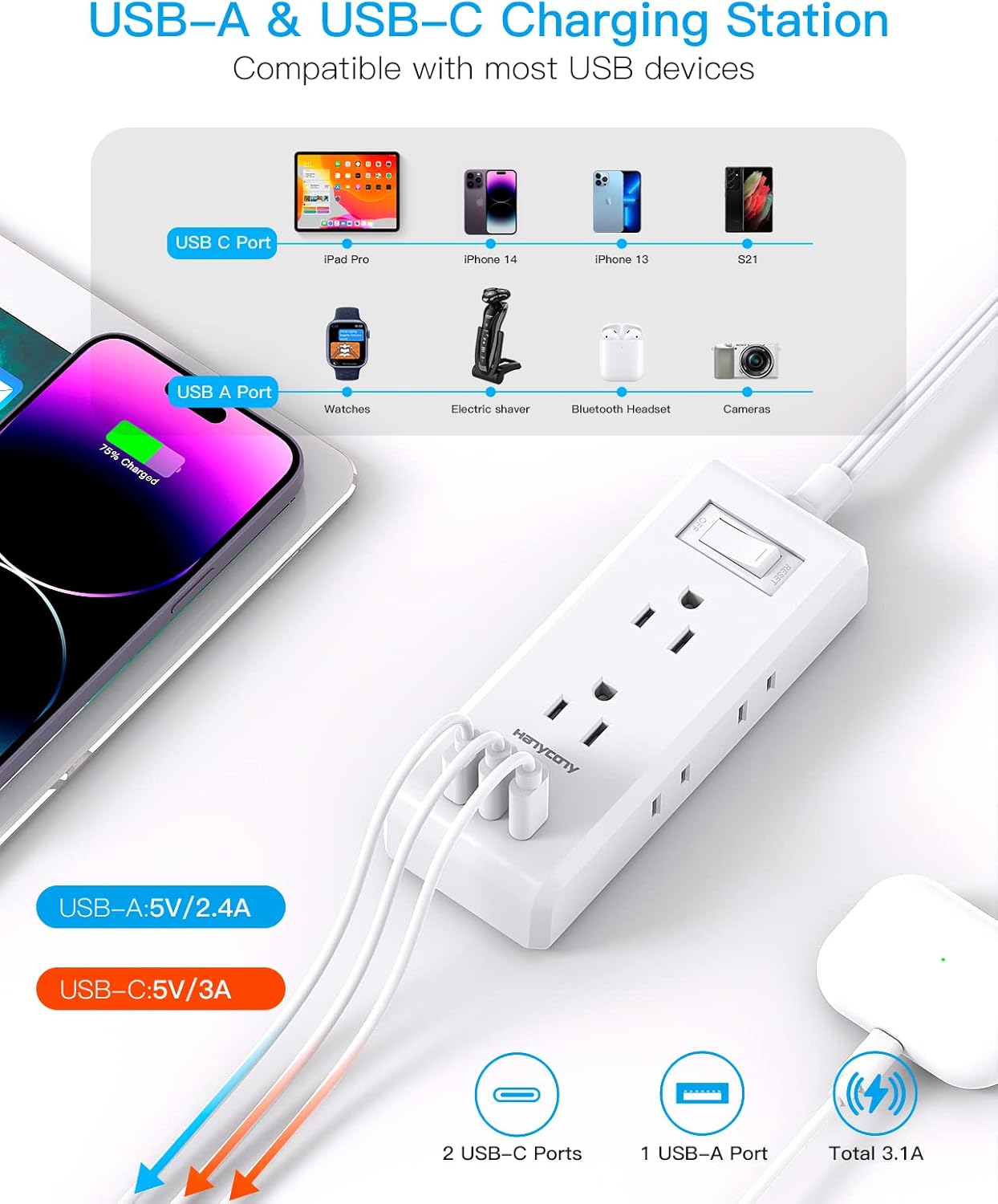 Short Extension Cord 1 Ft, HANYCONY Ultra Thin Flat Plug Power Strip, 6 Outlets 3 USB Ports(2 USB C), Multiple Outlet Extender with Wall Mount No Surge Protector for Dorm Room Cruise Travel Essentials