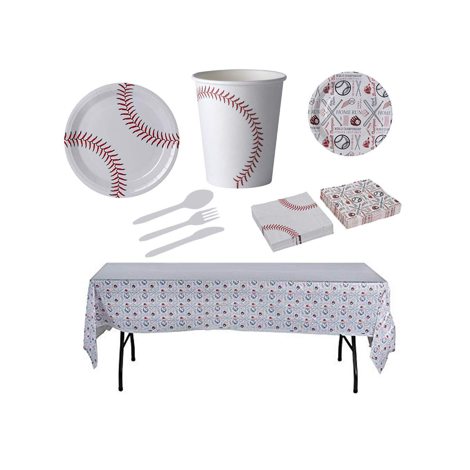 Hammont Baseball Party Decorations - Pack of 7” & 9” Round Paper Plates, Cutlery, 9 oz Cups, 24 Napkins, 1 Disposable Tablecloth - Baseball Sports Themed Kids Birthday | Shower | Dinner (Serves 16)