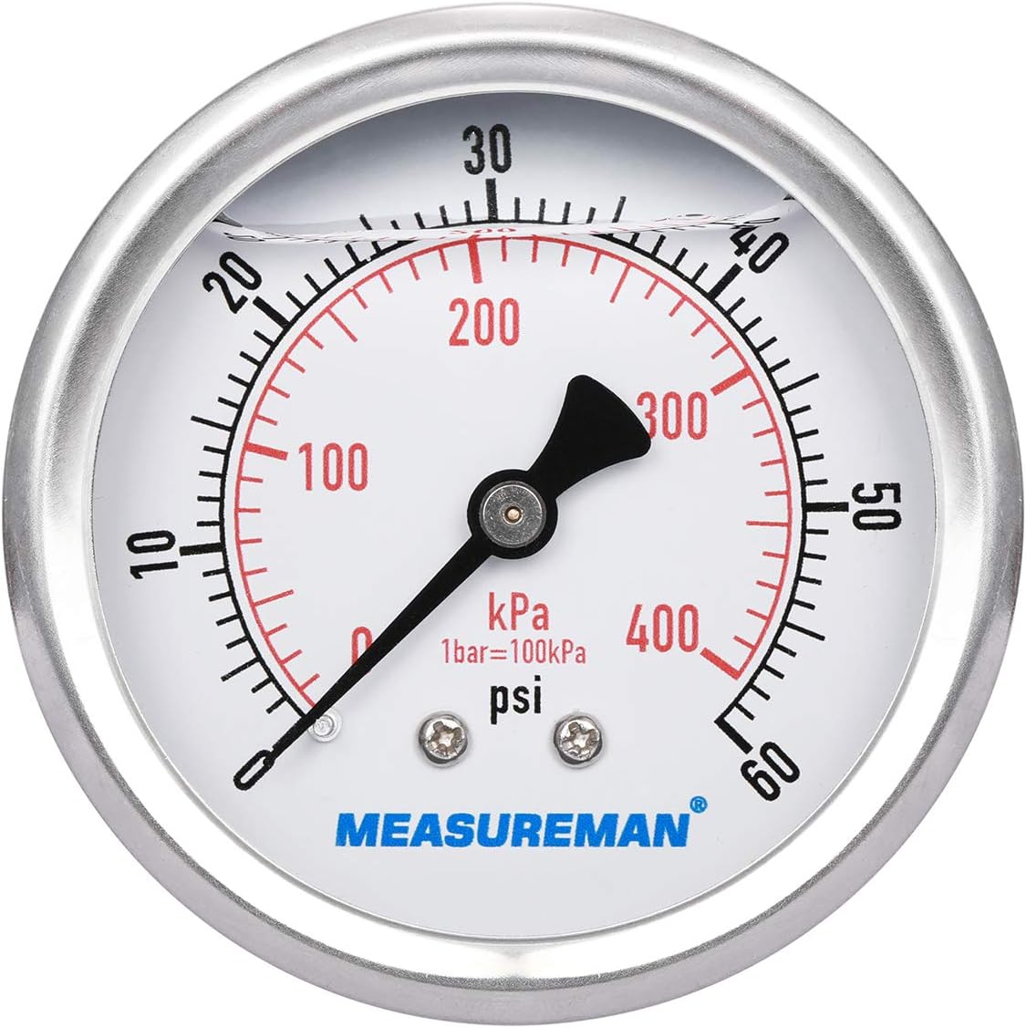 Measureman 2-1/2" Dial Size, Liquid Filled Pressure Gauge, 0-60psi/400kpa, 304 Stainless Steel Case, 1/4"NPT Back Mount