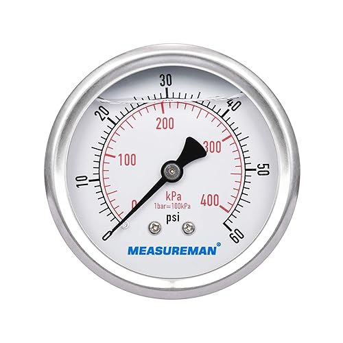 Miniatura 69 de MEASUREMAN - Manómetro relleno de líquido, tamaño del dial de 2.5 pulgadas, 0 a 200 psi/kPa, caja de acero inoxidable 304, montaje inferior NPT