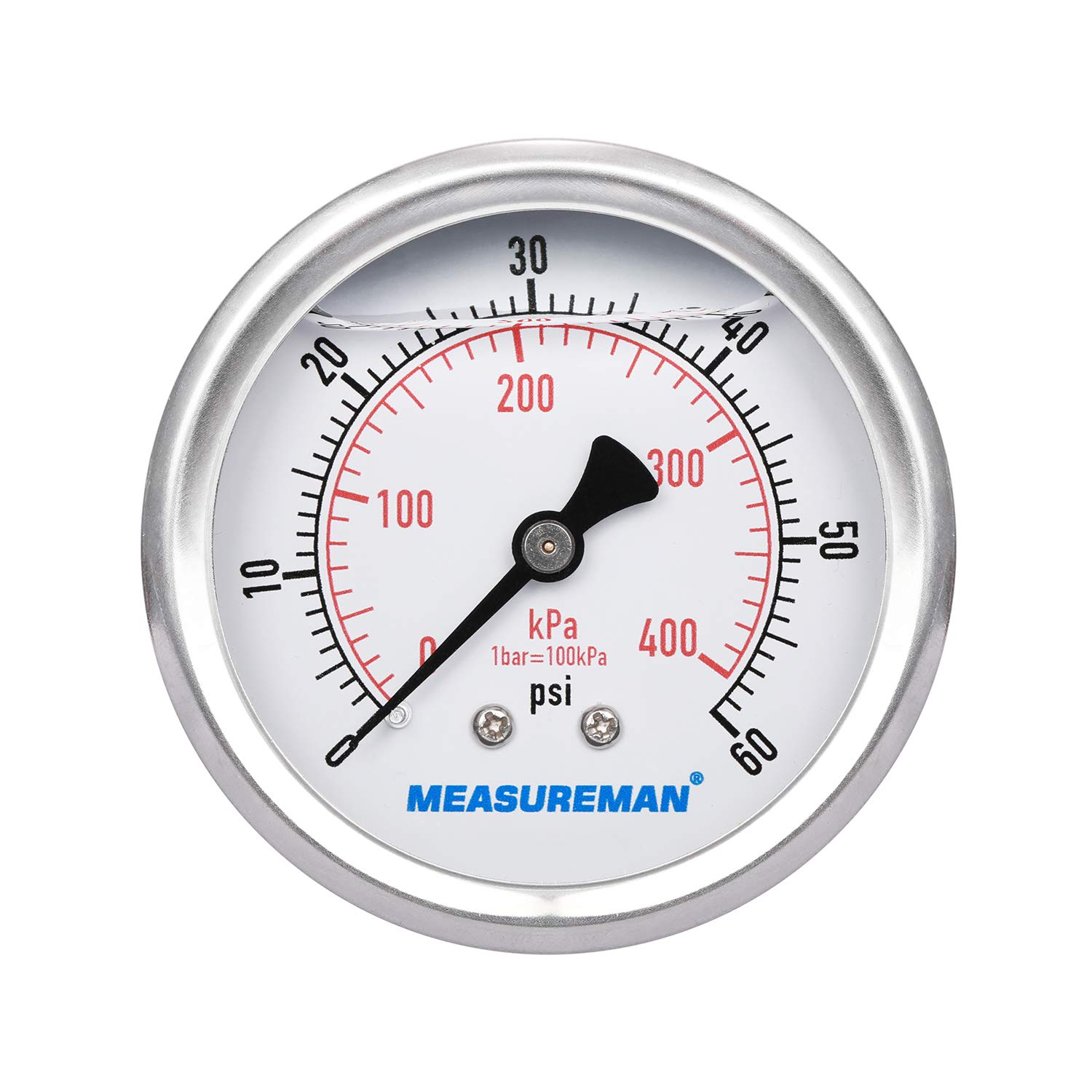Measureman 2-1/2" Dial Size, Liquid Filled Pressure Gauge, 0-60psi/400kpa, 304 Stainless Steel Case, 1/4"NPT Back Mount-picture-25