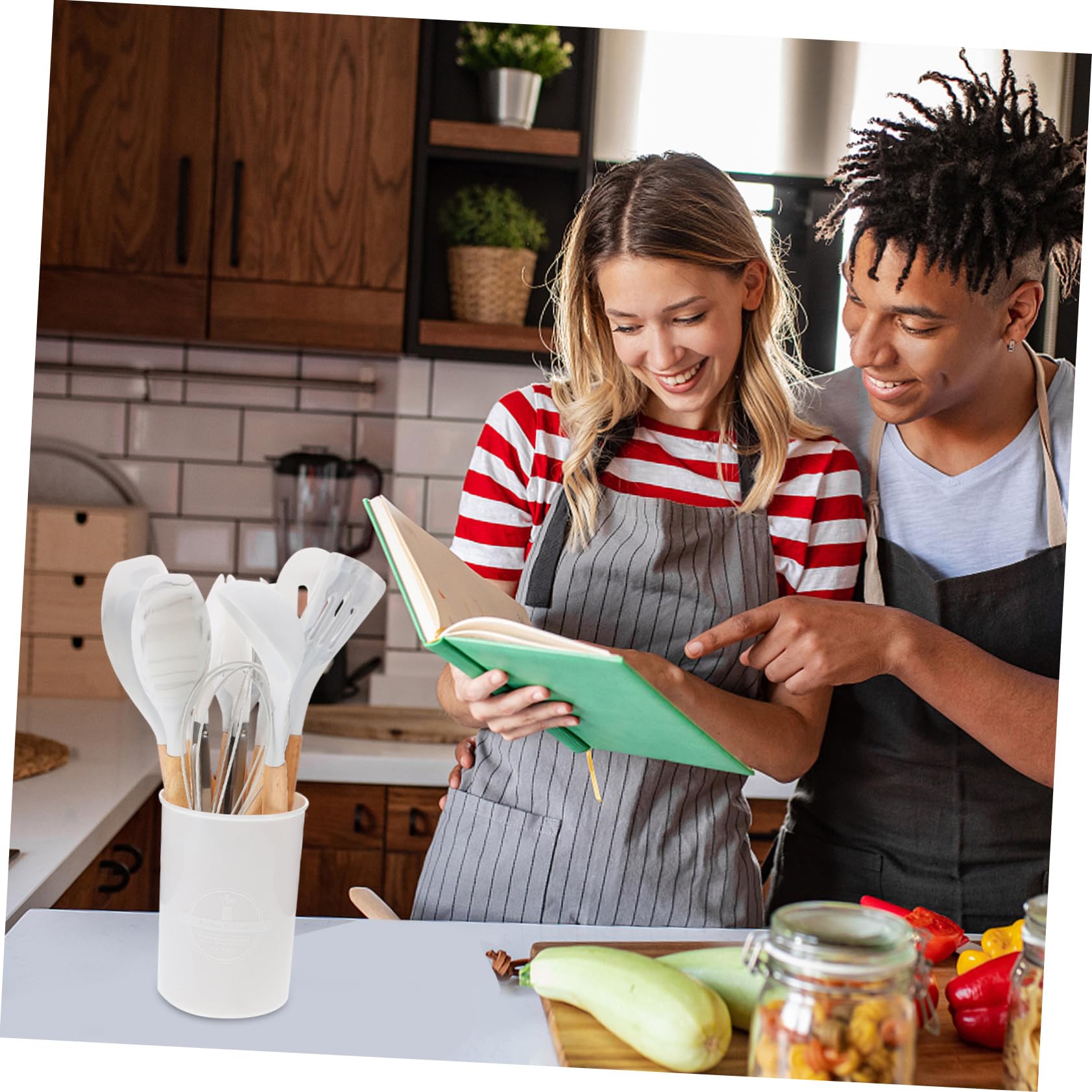 Ensemble D’ustensiles Cuisine 12 Pièces en Bois et Silicone Blanc