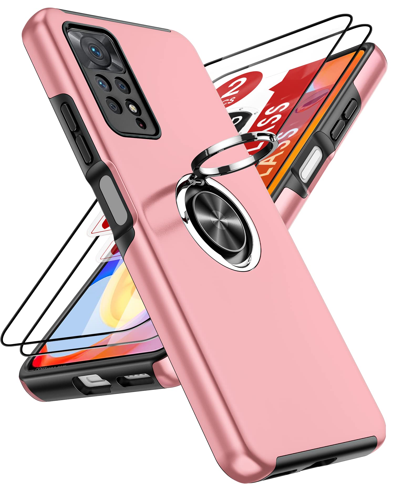 Cover LeYi Per Redmi Note 11/11S 4G Con Anello E 2 Vetri Temperati – Custodia Antiurto Militare TPU (Rosso)
