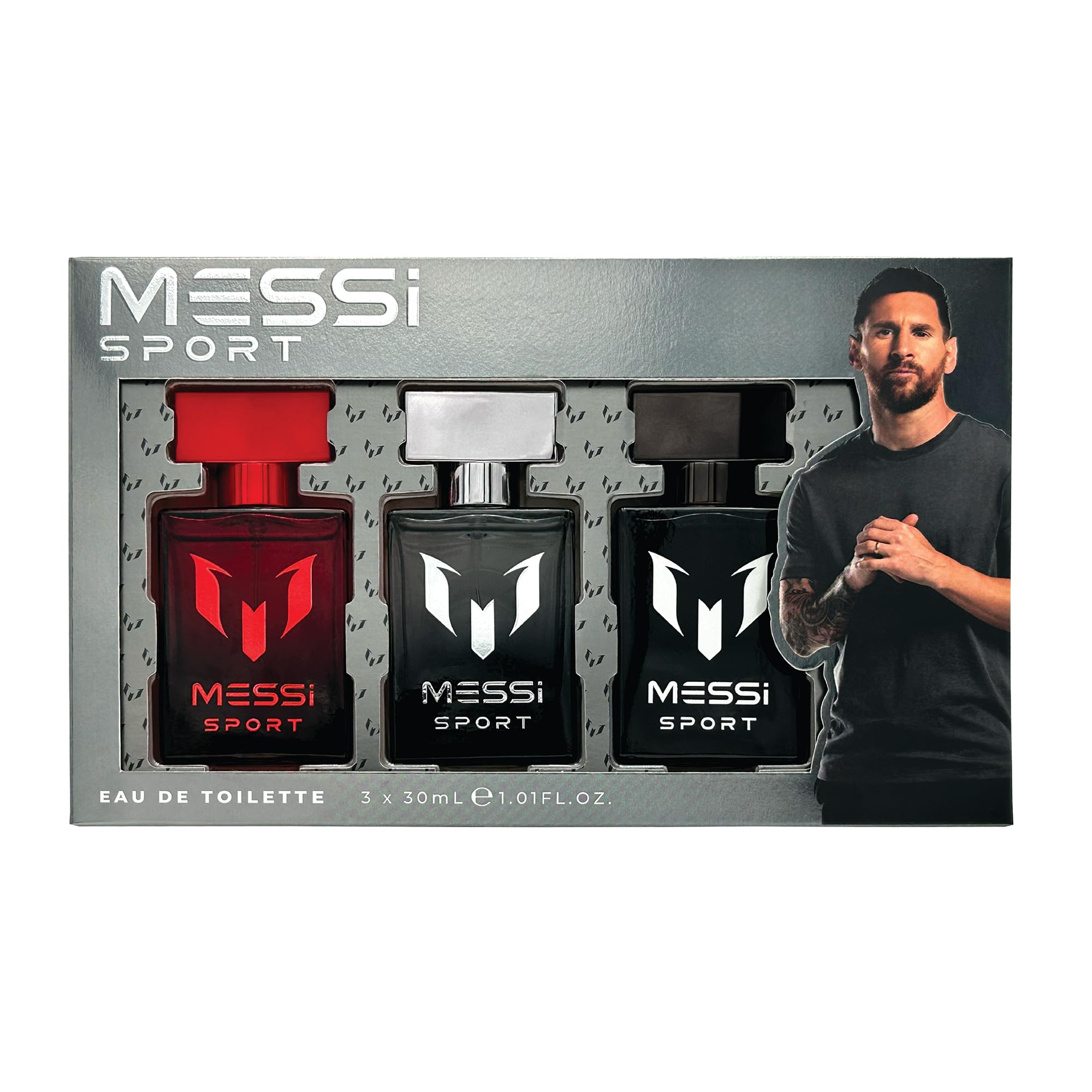 Messi Sport Coffret for Men, Black, Red & Silver EDT Spray Set, 3 x 1.0 oz