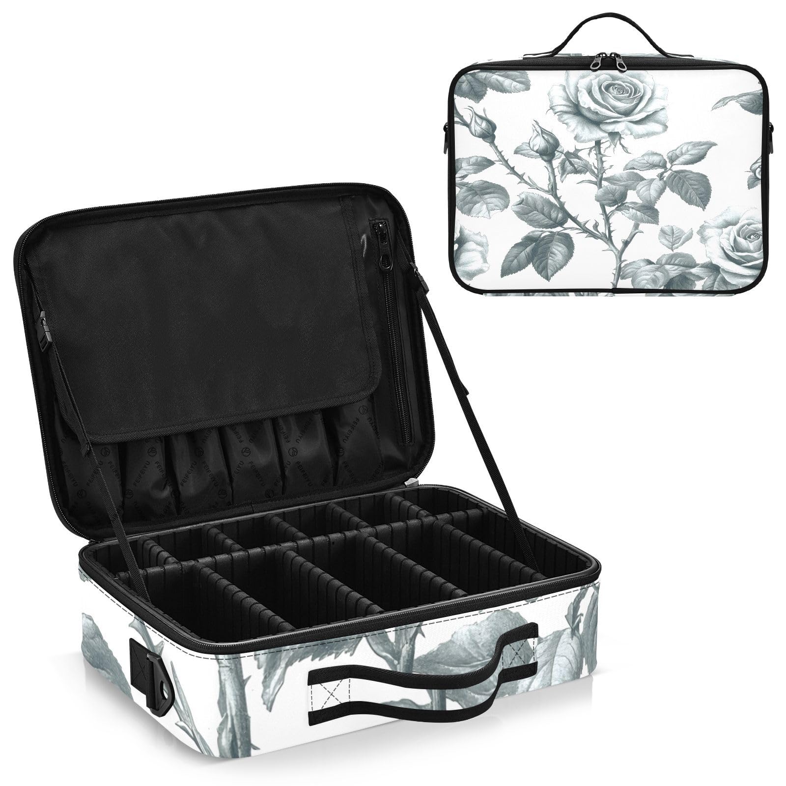 zyrtty Travel Makeup Train Case Black Grey Leaves Flower Cosmetic Organizer Portable Storage Bag with Adjustable Dividers for Cosmetics Brushes Toiletry Jewelry Digital Accessories