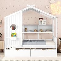 Vista 20 de Harper & Bright Designs Cama Casa Individual con Cama Nido, Marco de Plataforma Individual para Niños con Rieles y Techo, Cama Tienda, Casa