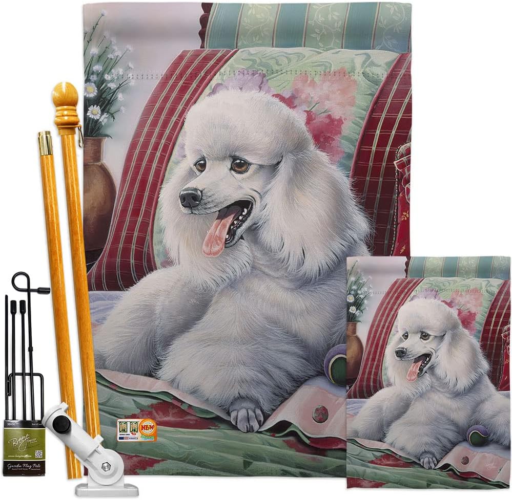 Dog Poodle House Flag Set Animals Puppy Spoiled Paw Canine Fur Pet Nature Farm Animal Creature Small Decorative Gift Yard Banner Made In USA 28 X 40