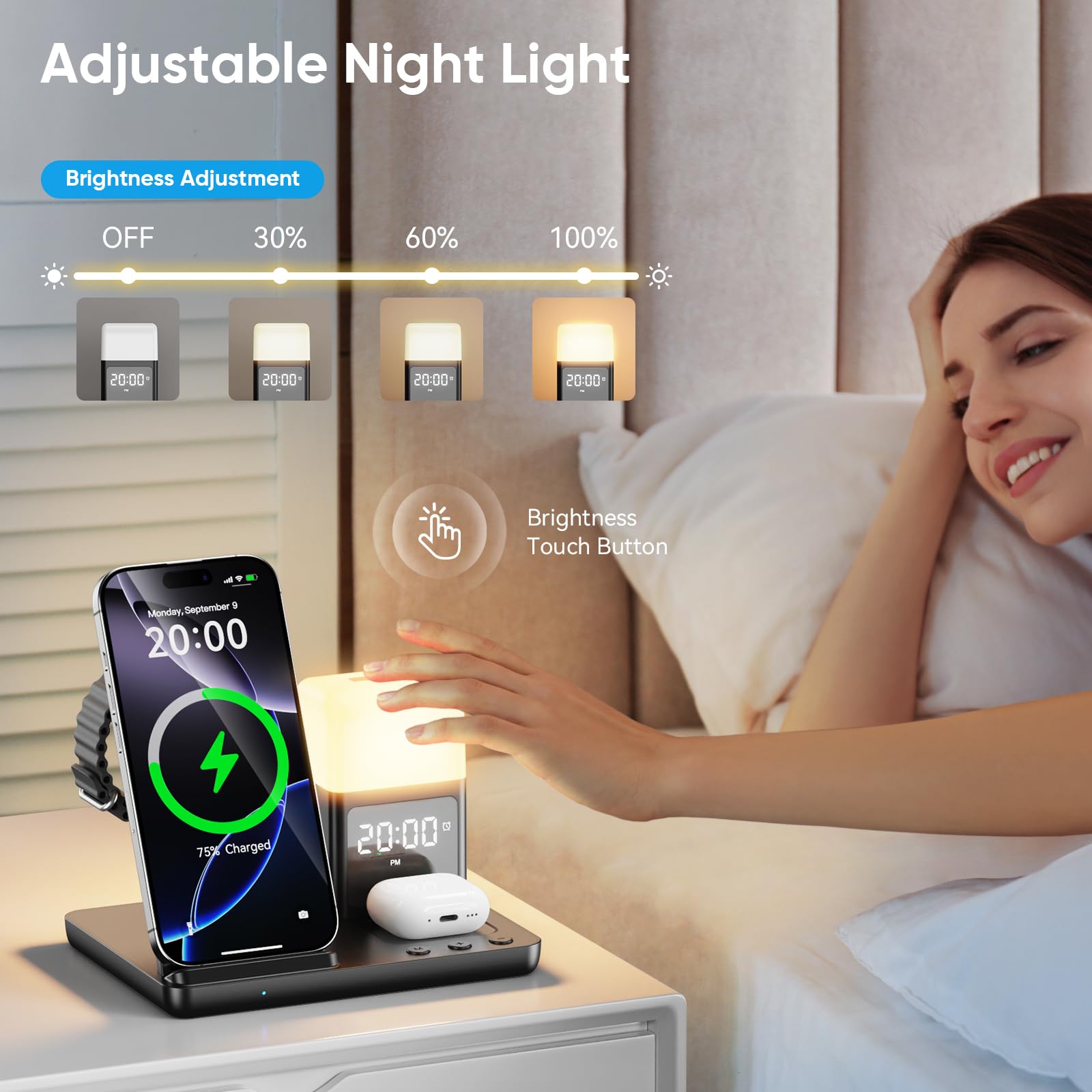 Station de Charge pour Apple, Chargeur Induction 6 en 1 avec Lampe de Nuit et réveil pour iPhone 17/16/15/14/13/12/11,Chargeur sans Fil Convient pour Apple Watch Series & AirPods Adaptateur Inclus