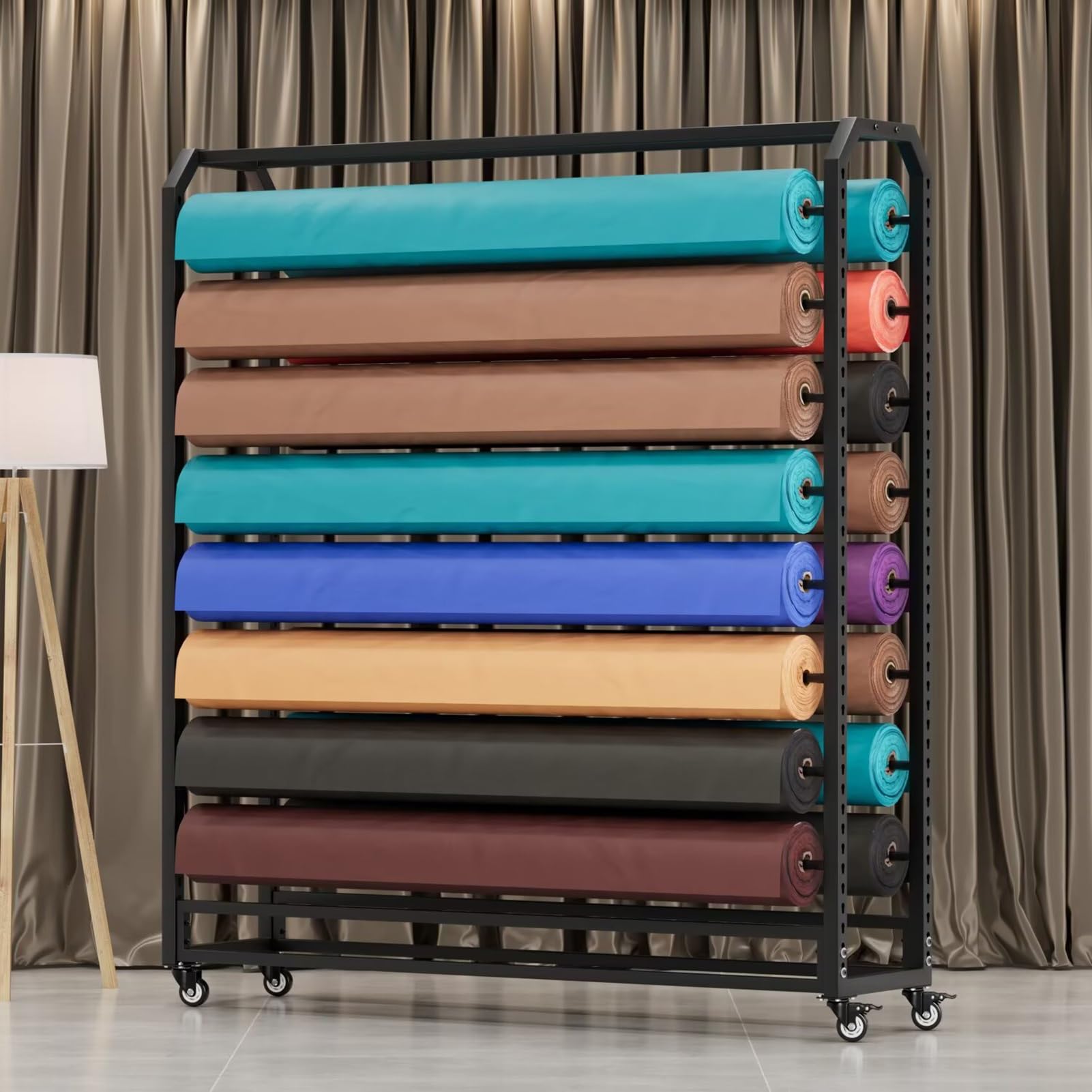 Generico Robusto portarotolo in Tessuto, Carrello espositivo Regolabile con 10 aste, Organizer per Campioni di Tende in Metallo per Vinile, Grande vetrina per Tessuti (L175 cm)