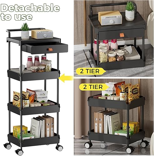 Miniatura 2 de Aratan Carrito utilitario rodante de 4 niveles con cajón, carrito rodante con ruedas y mesa, carrito de almacenamiento organizador de fácil montaje