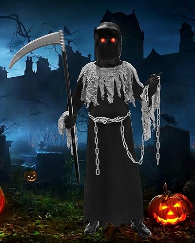 Miniatura 6 de Disfraz de la parca para niños, ojos rojos iluminados que brillan en la oscuridad, disfraces de Halloween para niños