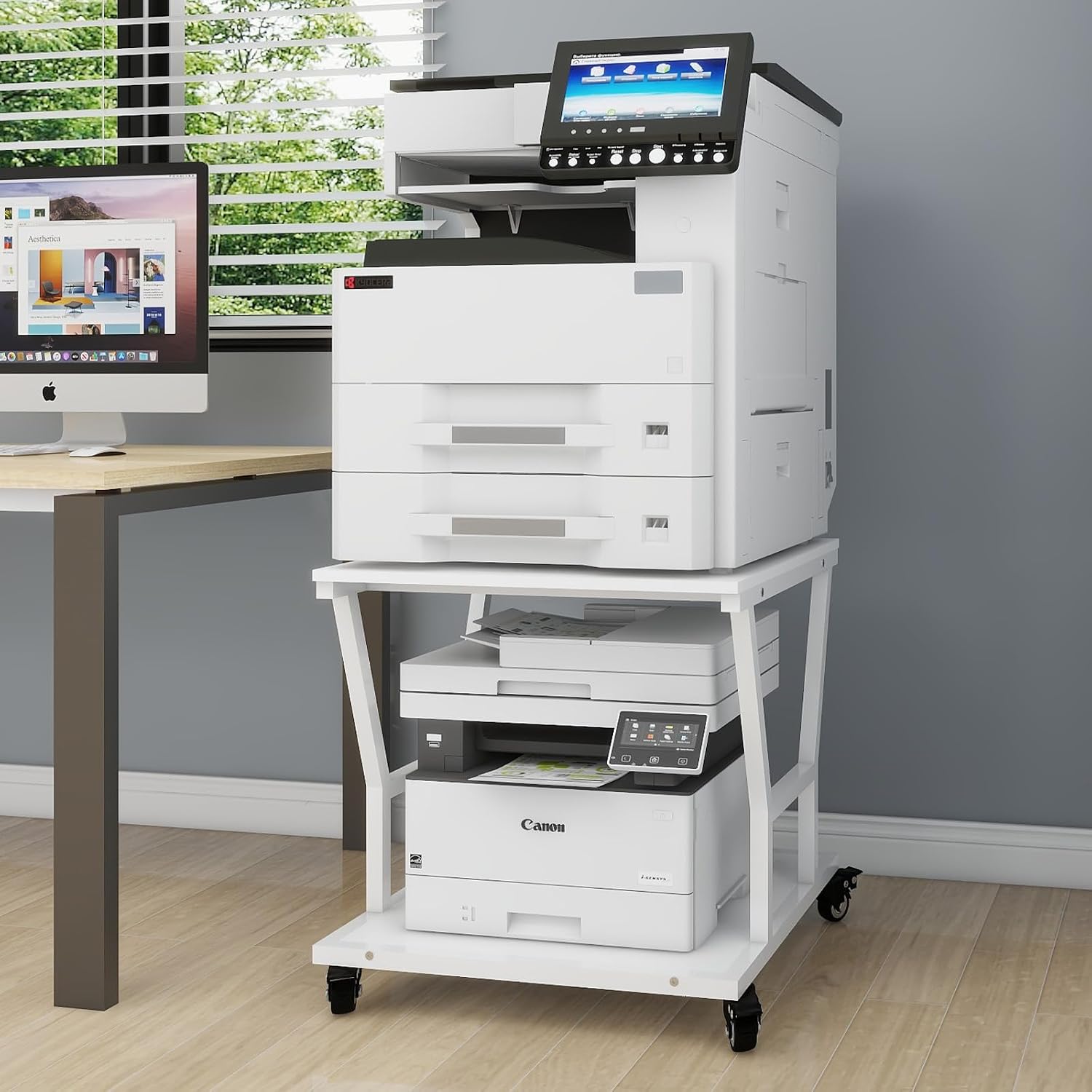 Natwind 2-Tier Large Printer Stand,23.6"x23.6"x29.5" Heavy-Duty Printer Table Cart with Paper Storage Shelf & Wheels,Ideal for Home Office Laser Printers, Copiers (White)