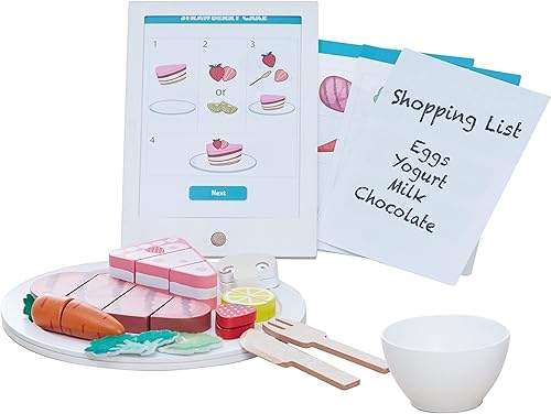 Teamson Kids Little Chef Frankfurt - Tableta de cocina de 27 piezas con recetas e ingredientes de simulación y juego de cortar alimentos de madera,