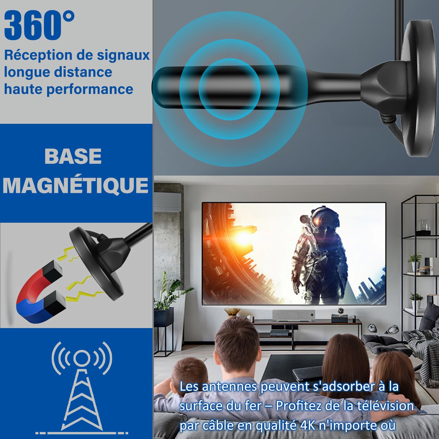 Antenne TV Intérieur Puissante, Nouveau pour 2026 Antenne TNT HD avec Amplificateur de Signal Intelligent, Réception 360° Longue Portée 500km, Support 4K HD/1080P Les Chaînes Gratuites per HDTV