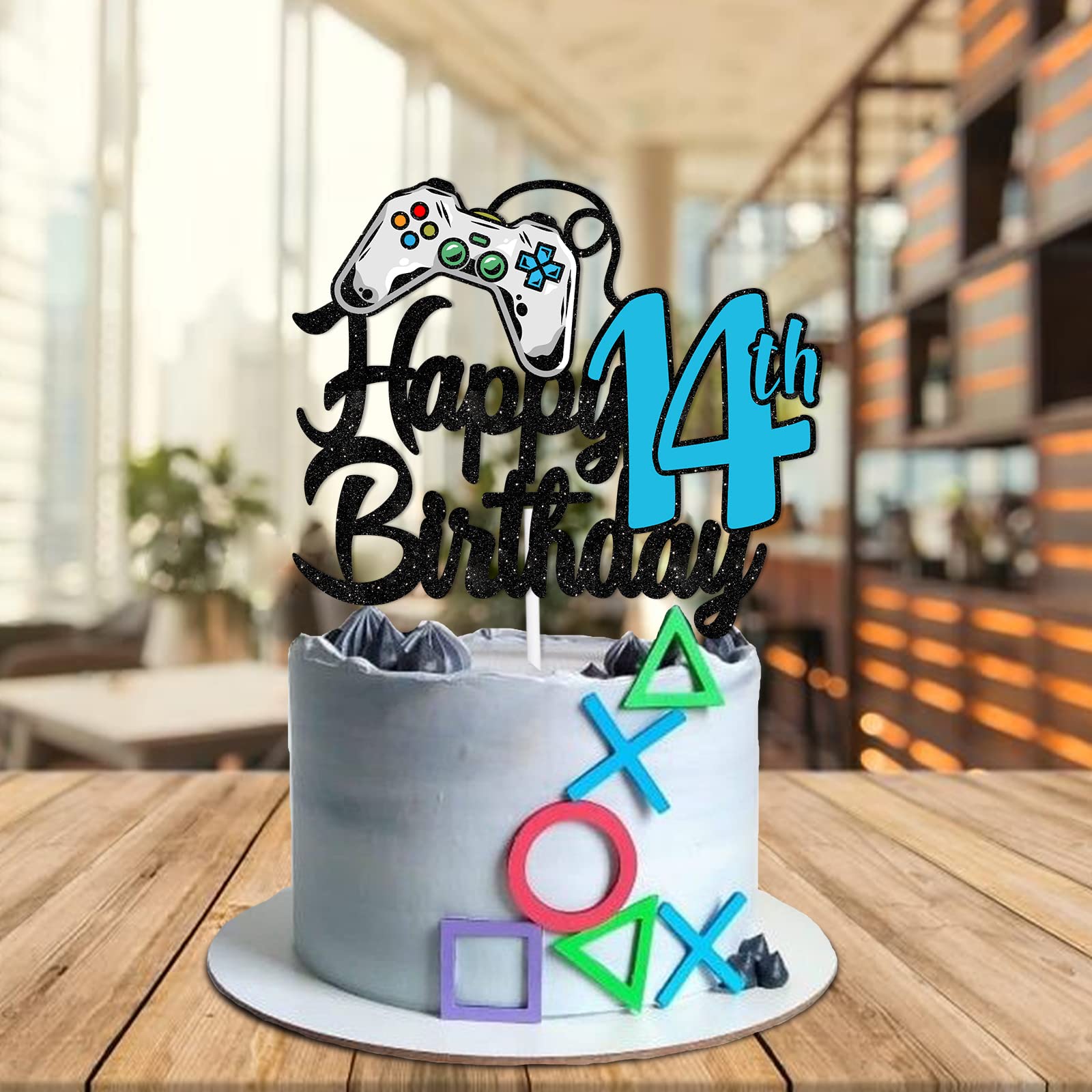 Video Game Birthday Cake Topper - 'Happy 14th Birthday' Game On Level Up Decor For Boy's Party, 6.1"x5.1"