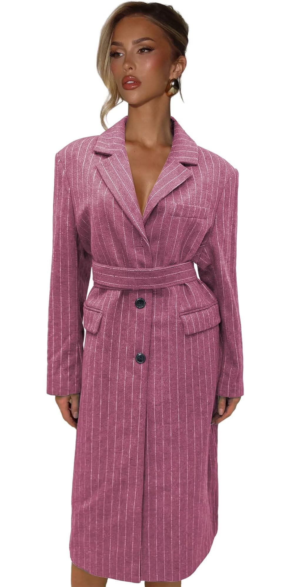 Pinstripe Pea Coat Womens Coat with Belt Long Overcoat Women Blazer Dress Coat Peacoat Long Sleeve Dresses Outwear