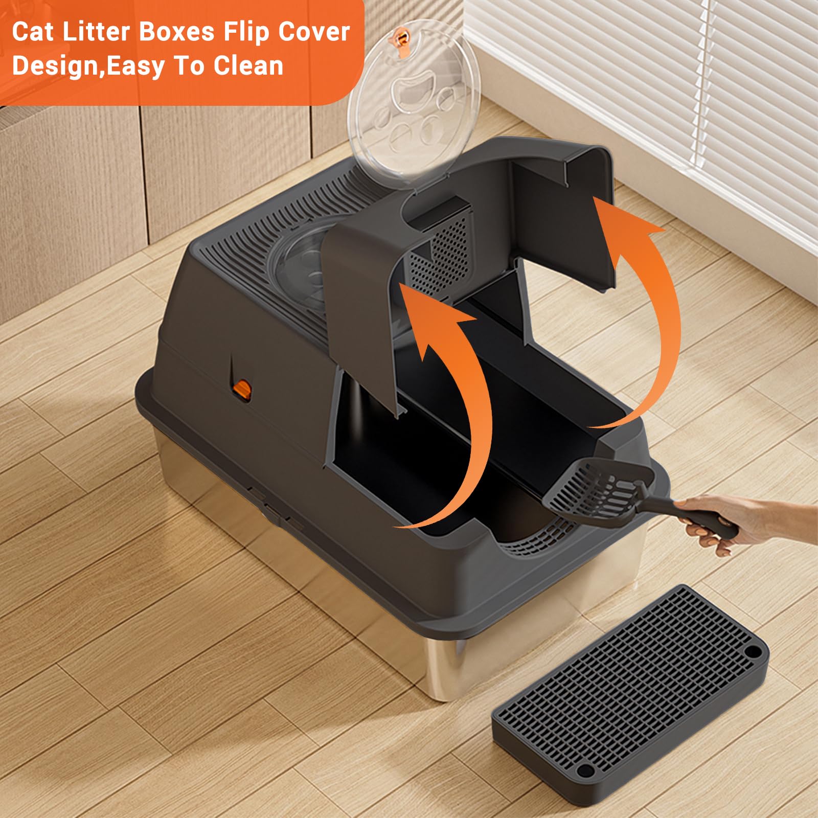 Caja de arena para gatos con acero inoxidable de alta cara con tapa, bandeja de arena de metal cerrada, bandeja de arena grande para gatos con pedal de filtro de arena y pala de arena