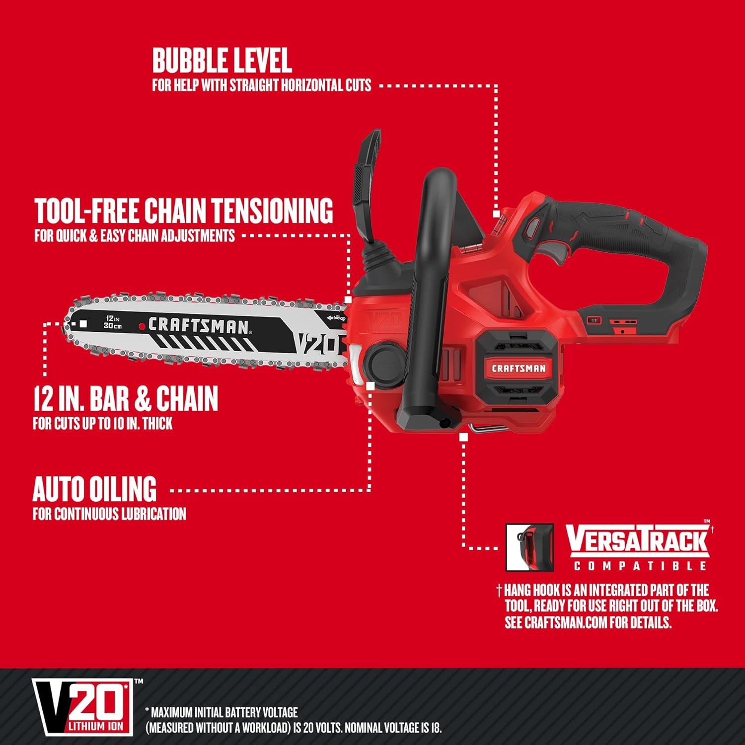 CRAFTSMAN V20 Mini Chainsaw, Cordless, 12 inch, Bare Tool Only (CMCCS620B) - Image 3